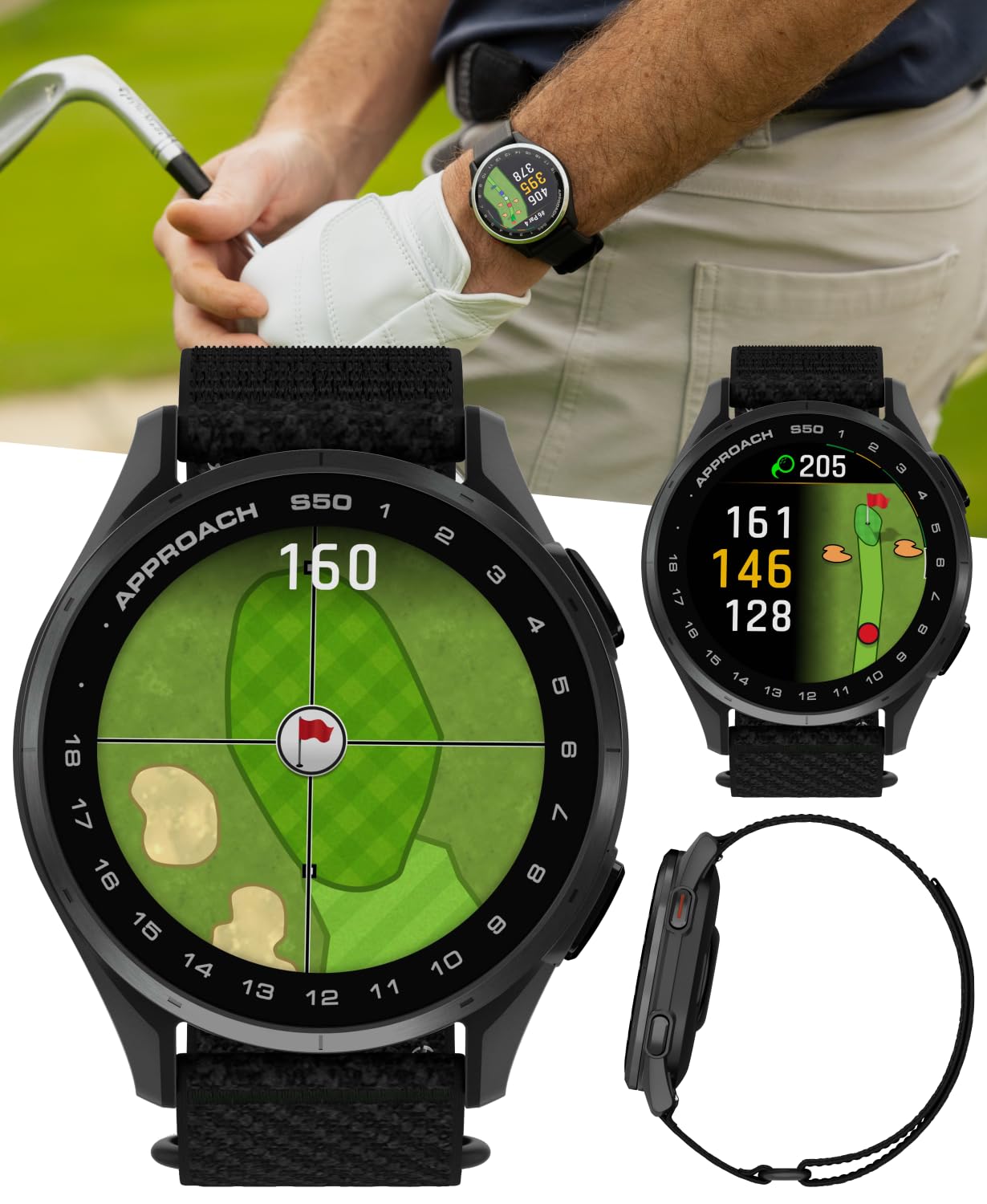 Garmin Approach S50 Golf Gps Smartwatch Slate Aluminum Bezel With Black Comfortfit Nylon Band With Wearable4U Power Bank Bundle