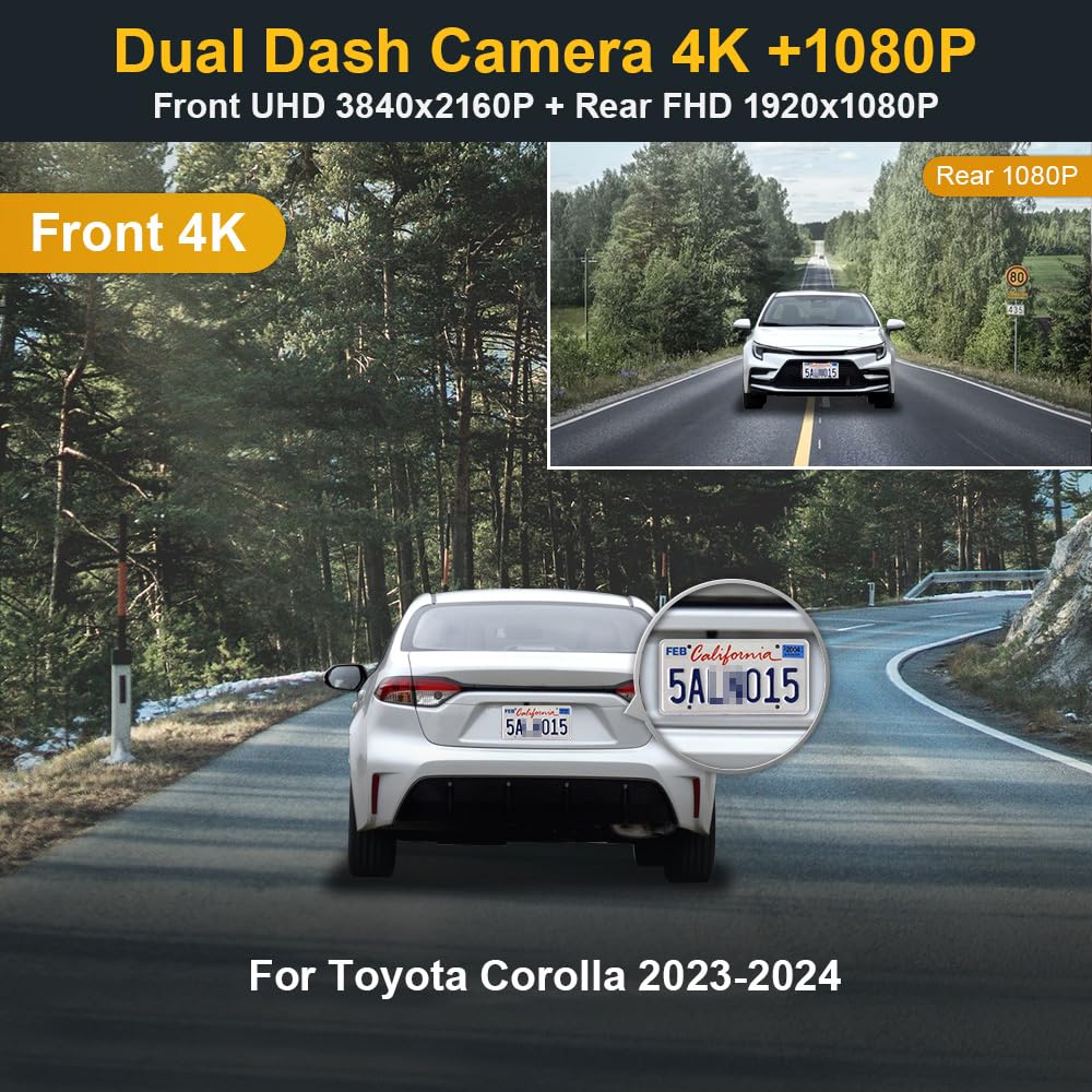 Fitcamx Front 4K+Rear 1080P Dash Cam For 2023 2024 Toyota Corolla Le Se Xle Xse Hybrid Hatchback, Oem Style, Dual Hd Video, Loop