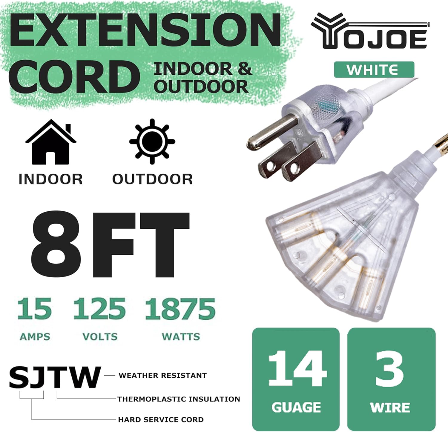 Yojoe 3 Outlets Indoor Outdoor Extension Cord With Lighted End, 3 Prong 15A Weatherproof Power Cord, 14 Gauge Heavy Duty 8 Ft Wh