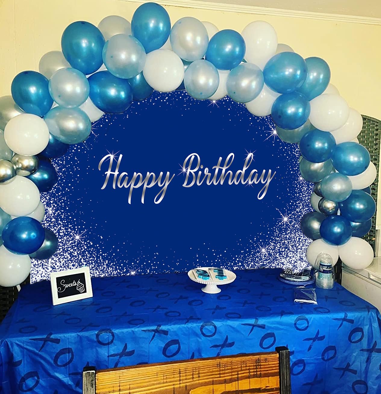 Royal Blue Happy Birthday Backdrop 7X5Ft Glitter Blue Silver Dot Photography Background Birthday Party Decoration Banner Cake Ta