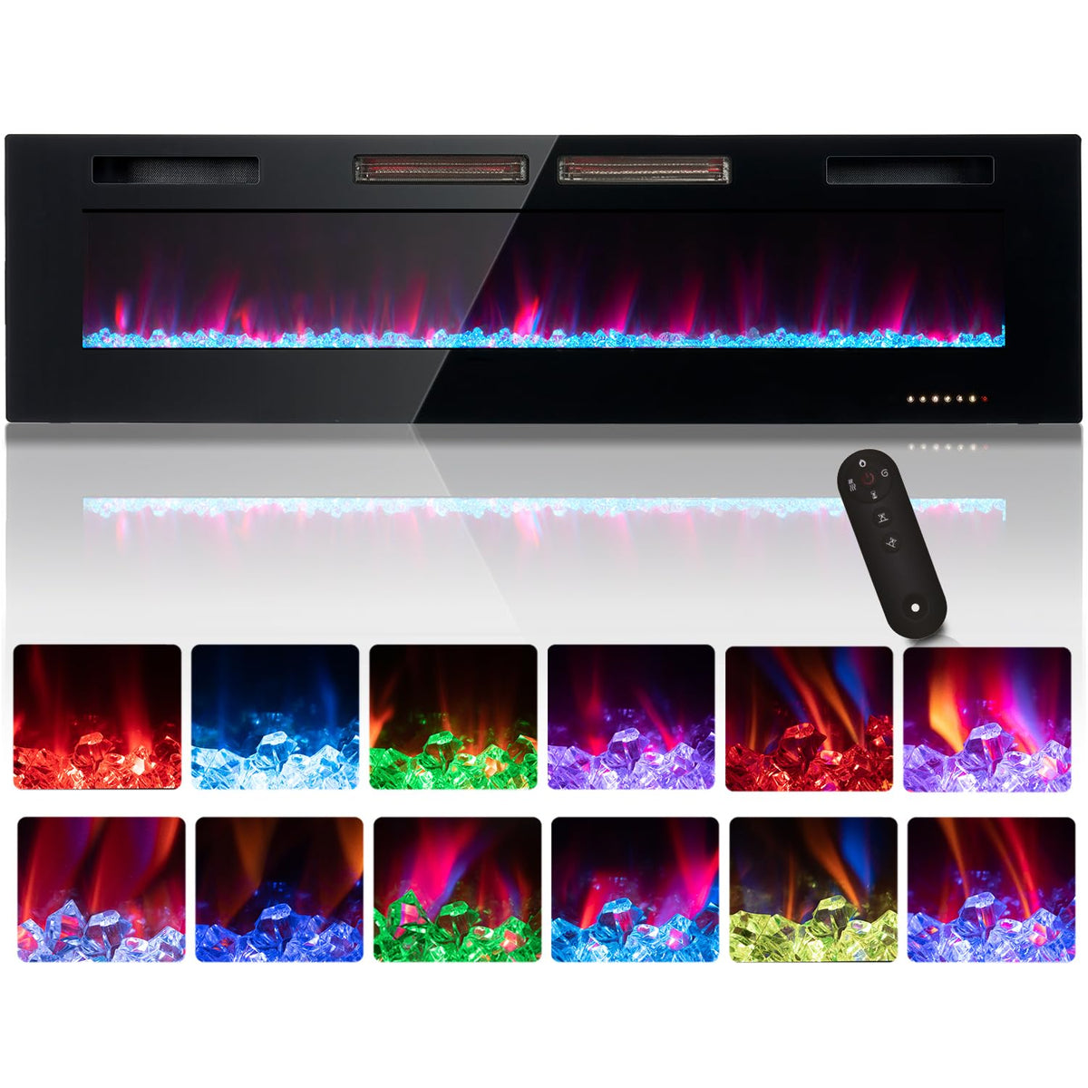 Oneinmil Electric Fireplace, 68 Inch Wide Recessed/Wall Mounted Electric Fireplace, Remote Control With Timer 12 Adjustable Colo