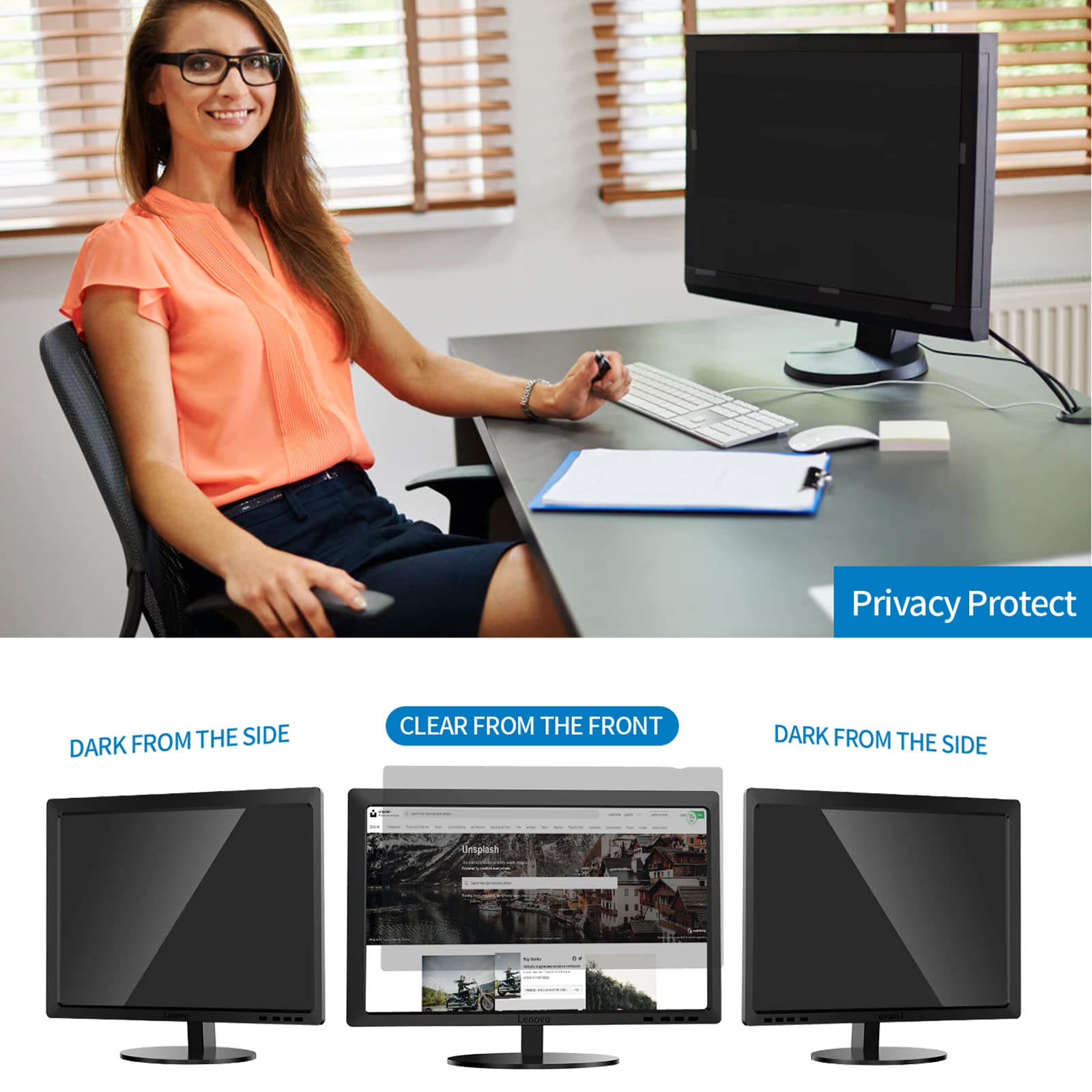 Yakai?2 Pack Computer Privacy Screen Filter 24 Inch For 16:9 Aspect Ratio Widescreen Monitor, Anti Spy & Anti Glare Blue Light B