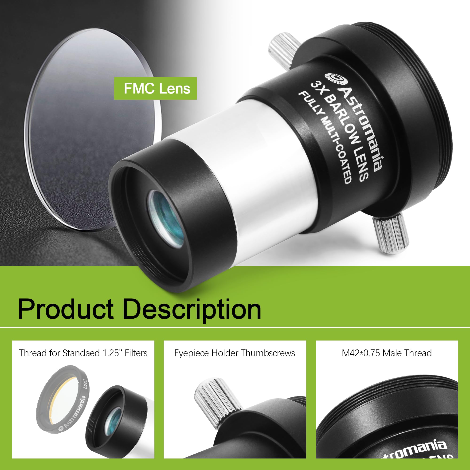 Astromania 3X Barlow Lens 1.25 Inch Fully Multi Coated Metal Short Focus Barlow Lens Internal Brass Ring & Two Fixing Thumbscrew