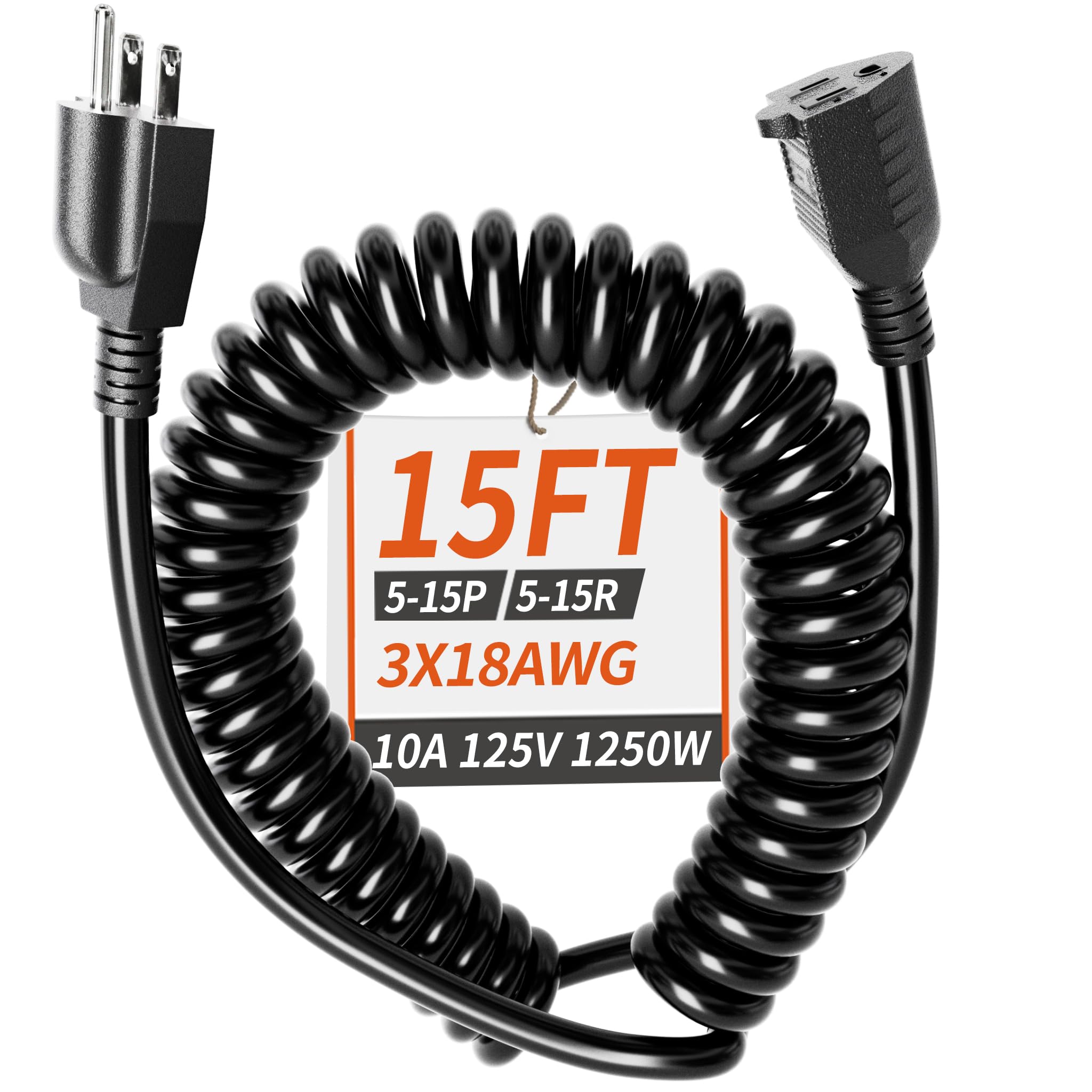 Plugsaf 18/3 Gauge Black Coiled Extension Cord 15 Ft Indoor Waterproof, Flame Retardant, Flexible 3 Prong Coiled Spiral Power Co