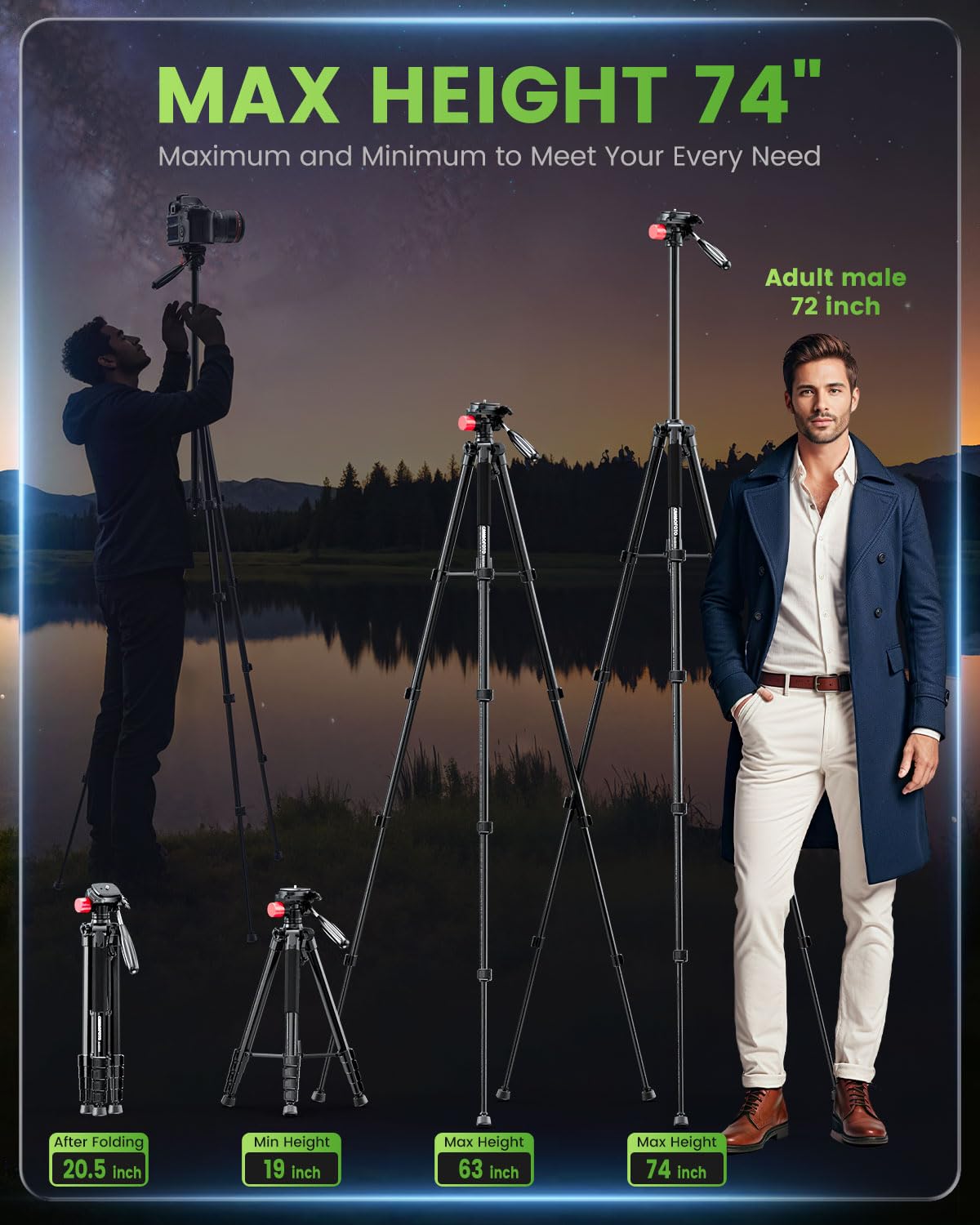 Cambofoto 74'' Camera Tripod, Porfessional Aluminum Heavy Duty Tripod Stand For Mirrorless Camera/Dslr/Cell Phone/Camcorder, Wit