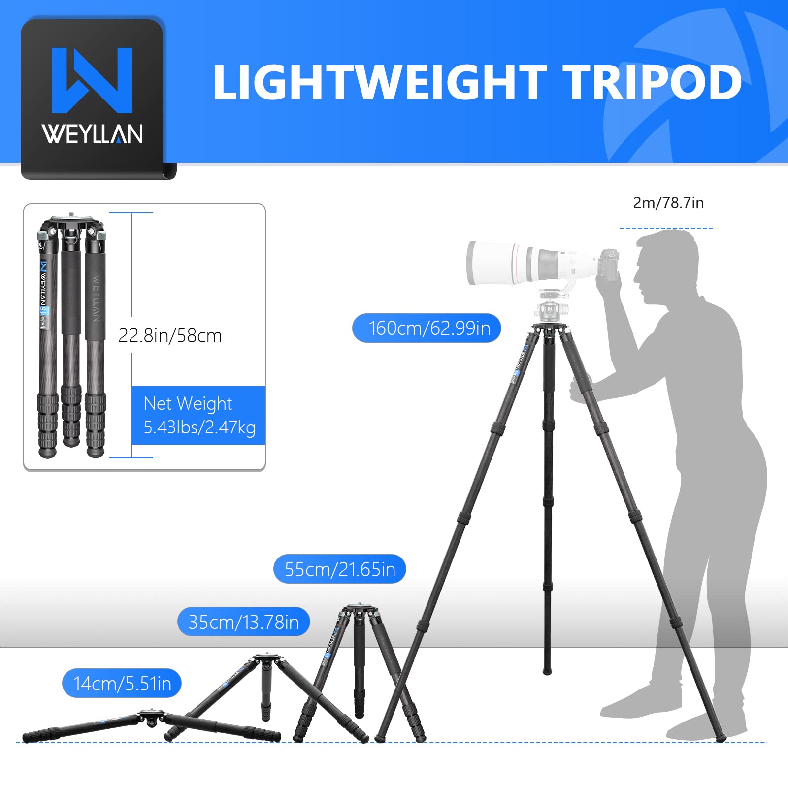 Carbon Fiber Tripod Weyllan Lx9 Heavy Duty Tripod For Camera, Professional Tripod With 75Mm Bowl And Adapter, 10 Layers Carbon F