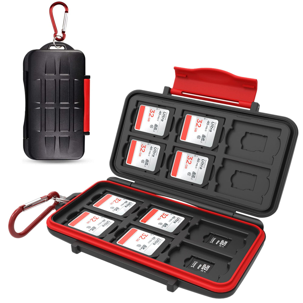 Kiorafoto Professional Water Resistant Anti Shock Holder Storage Sd Sdhc Sdxc Tf Memory Card Case Protector Cover With Carabiner