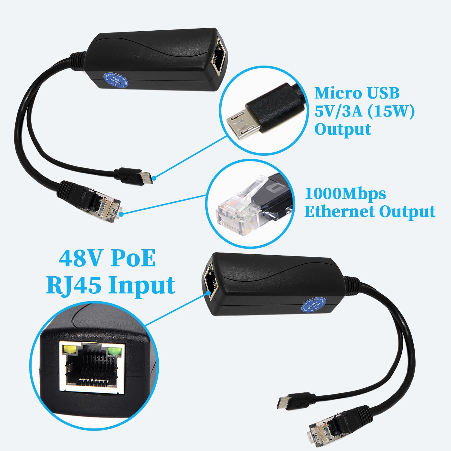 Revodata Micro Usb Port Poe Splitter Gigabit 5V/3A, Poe To Micro Usb 5V/3A Output, 1000Mbps Gigabit Ethernet Comply Ieee802.3Af/