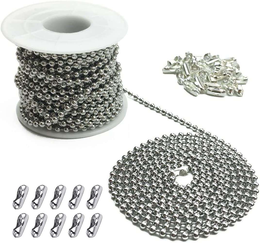 Hyamass 10 Yards 3.2Mm Diameter Stainless Steel Beaded Pull Chain Extension Ceiling Light Fan Chain With 30 Matching Connectors,