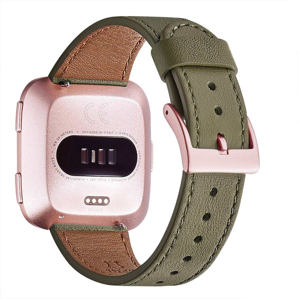 Wfeagl Top Grain Leather Band Replacement Strap For Versa/Versa 2/Lite/Se Fitness Smart Watch (Olive Band+Rosegold Buckle)