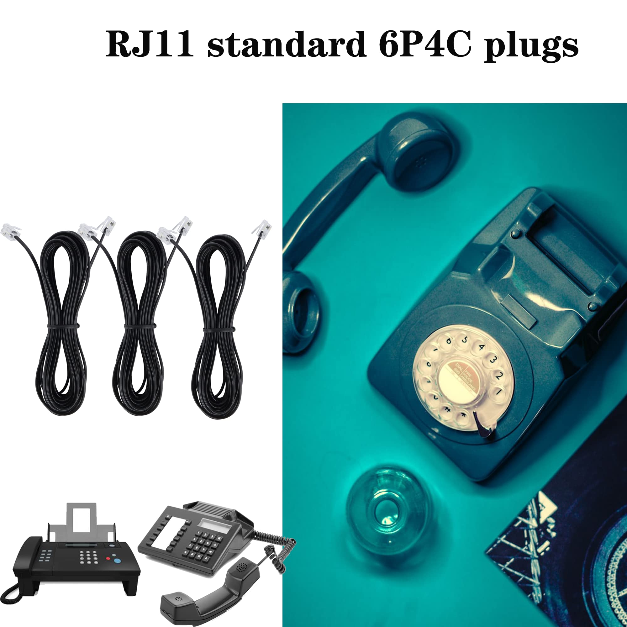 Telephone Landline Extension Cord Cable Cord With Standard Rj 11 6P4C Plug (10Ft 3Pack, Black)