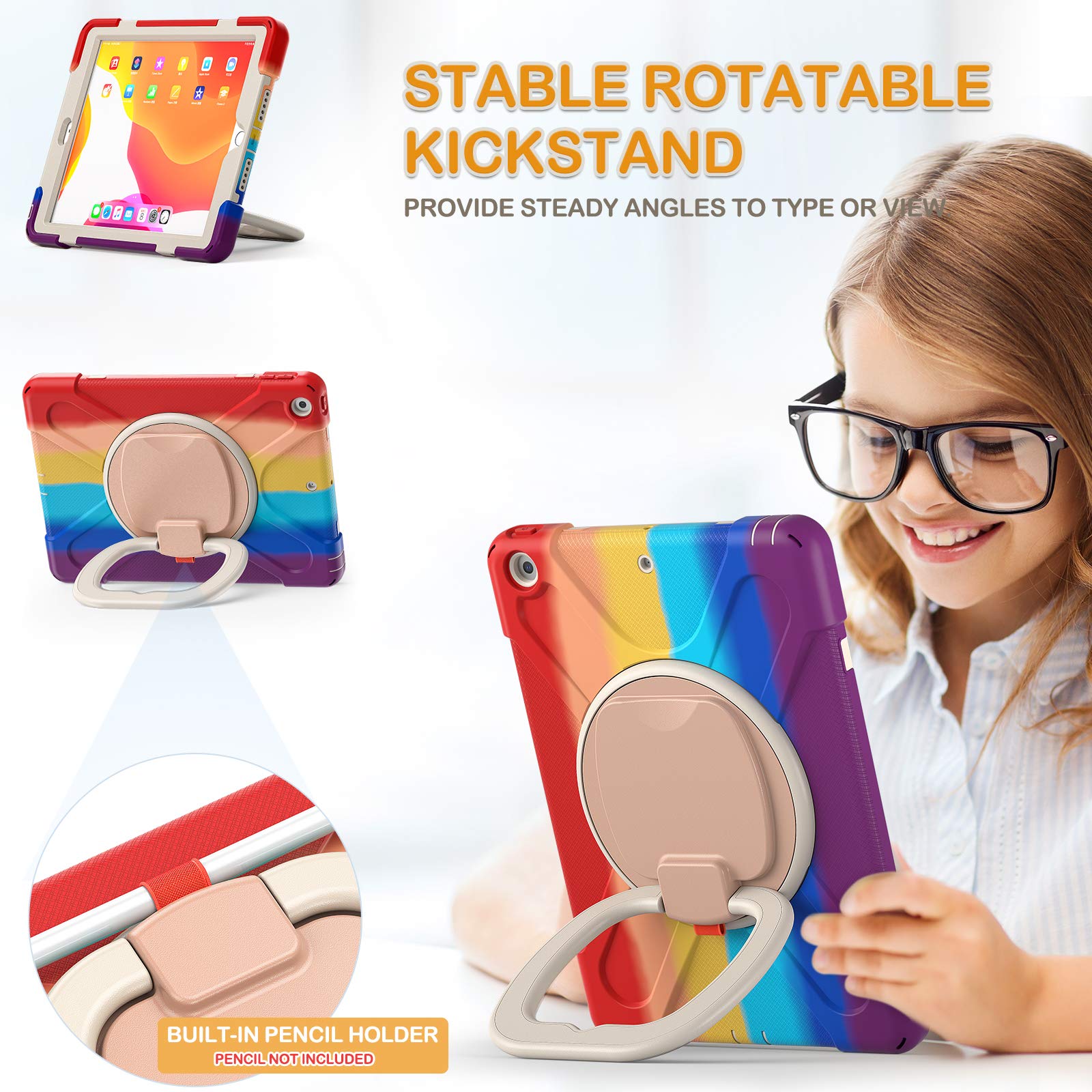 Braecn For Ipad 10.2 Case 2021/2020/2019,3 Layer Shockproof Silicone Kids Case With Screen Protector, Pencil Holder, Strap, Fold