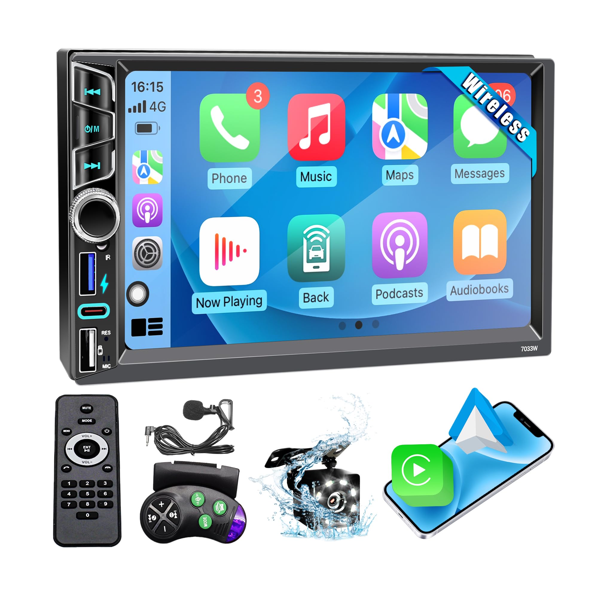 Emeito 7 inch Double Din Car Stereo with Wireless Apple CarPlay&Android Auto, Double Din (7x4.02)Bluetooth 5.0 Hands-Free, Dual 