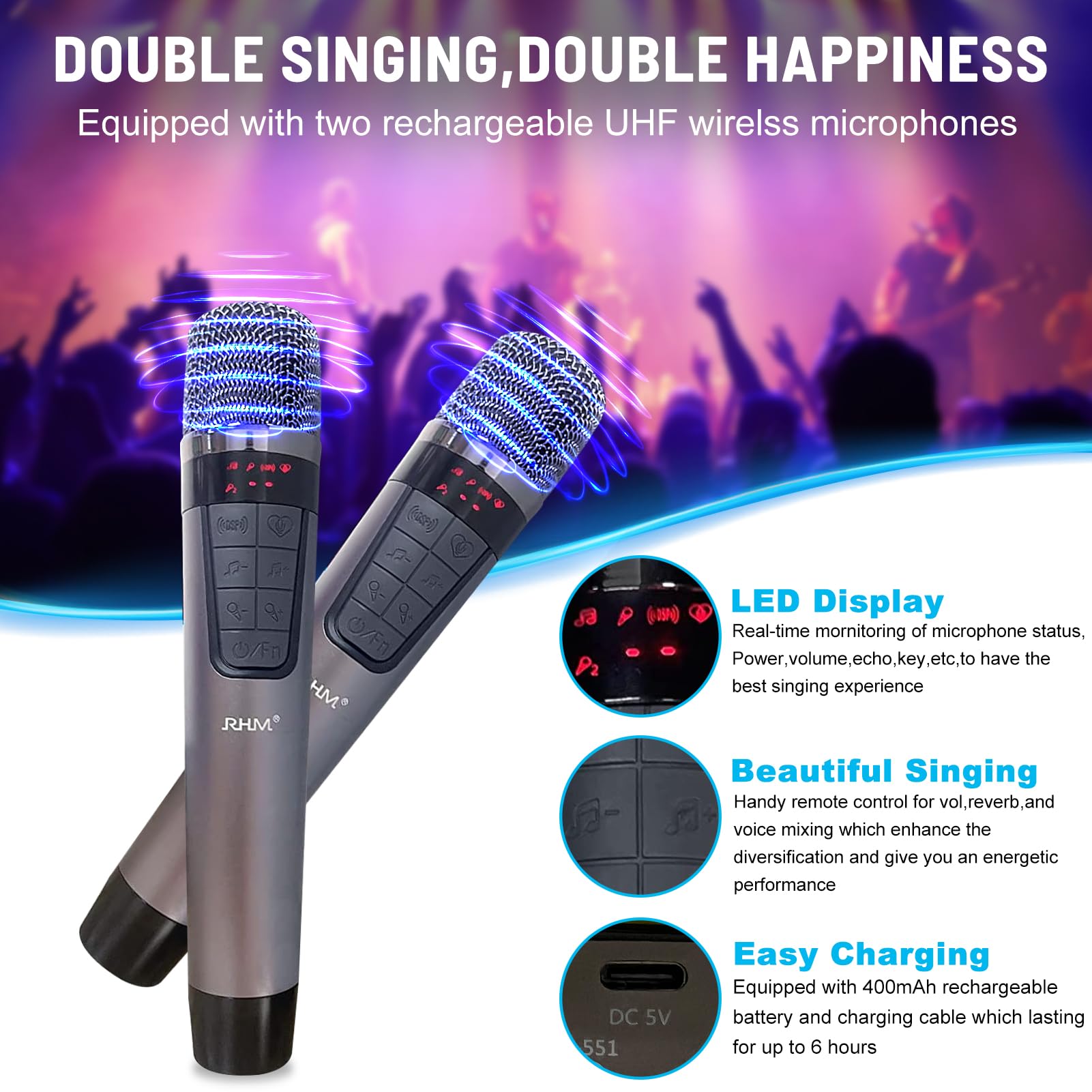 Rhm K222 Karaoke Machine With 2 Uhf Wireless Microphones & 5 Sound Modes, Support Optical/Bluetooth/Aux/Usb/Pc, Wooden Home Kara