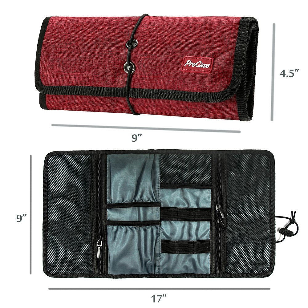 Procase Electronic Organizer Cord Pouch, Travel Cable Charger Phone Accessories Bag Organizer Roll Up Tech Carrying Case For Usb Cables Sd Memory Cards Earphone Flash Hard Drive  Red