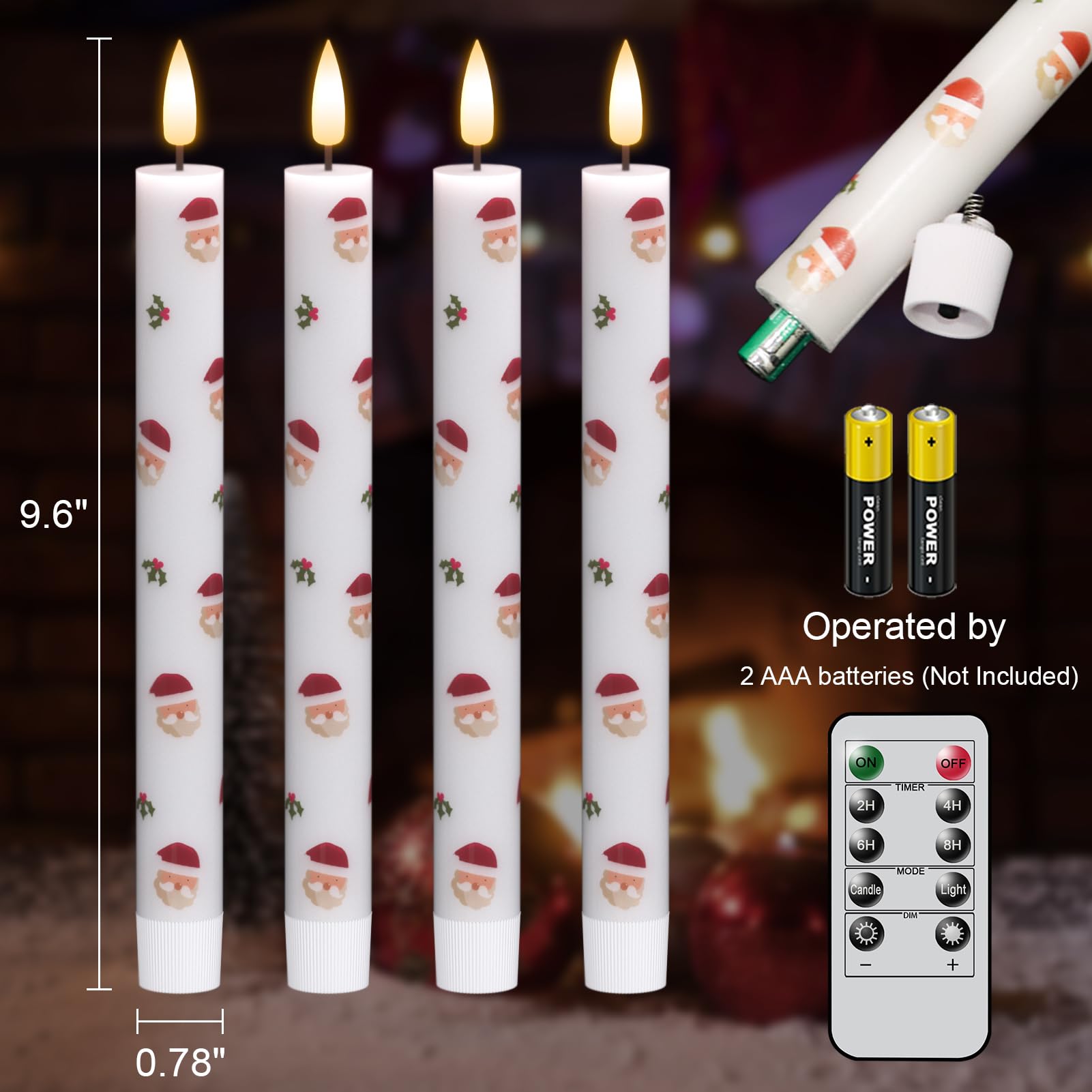 Dromance Santa Flameless Taper Candles Battery Operated With Remote And Timer, Real Wax 3D Wick Flickering Led Taper Candles Din