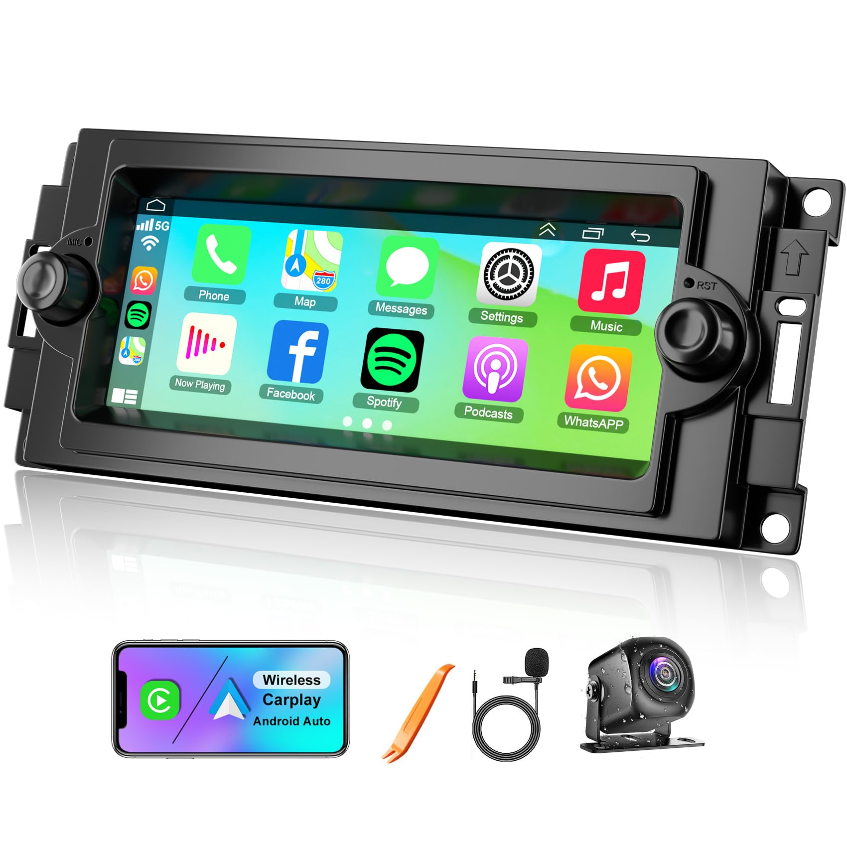 4+ 64GB Car Radio for Dodge RAM 1500 2500 3500 2006 2007 2008, Build in Wireless/Wire Carplay & Android Auto Support Bluetooth, 