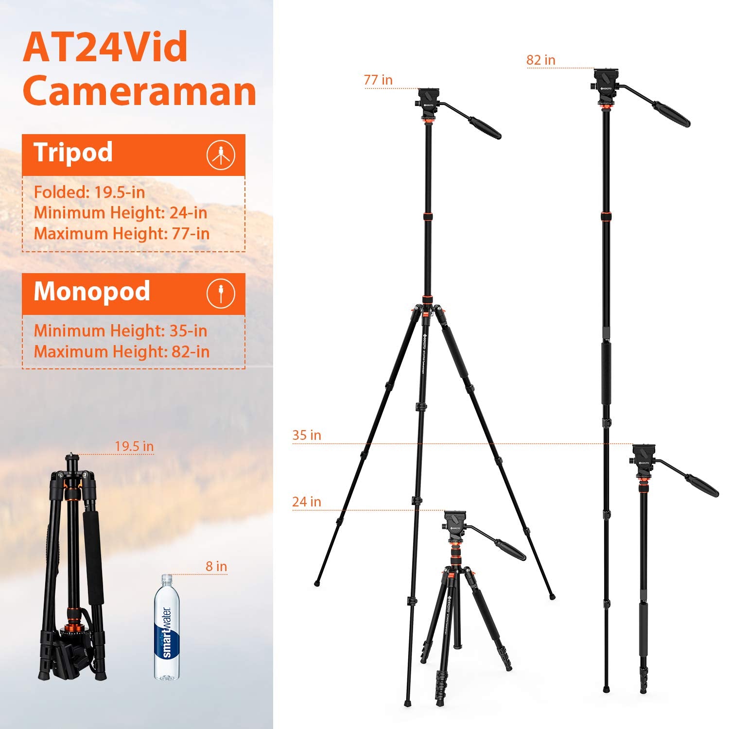 Geekoto Video Tripod Fluid Head,Professional Camera Tripod For Dslr,Monopod Aluminum 77' For Video Camcorder Canon Nikon Sony With 1/4' Screws Fluid Drag Pan Head,Load Capacity Up To 20 Pounds