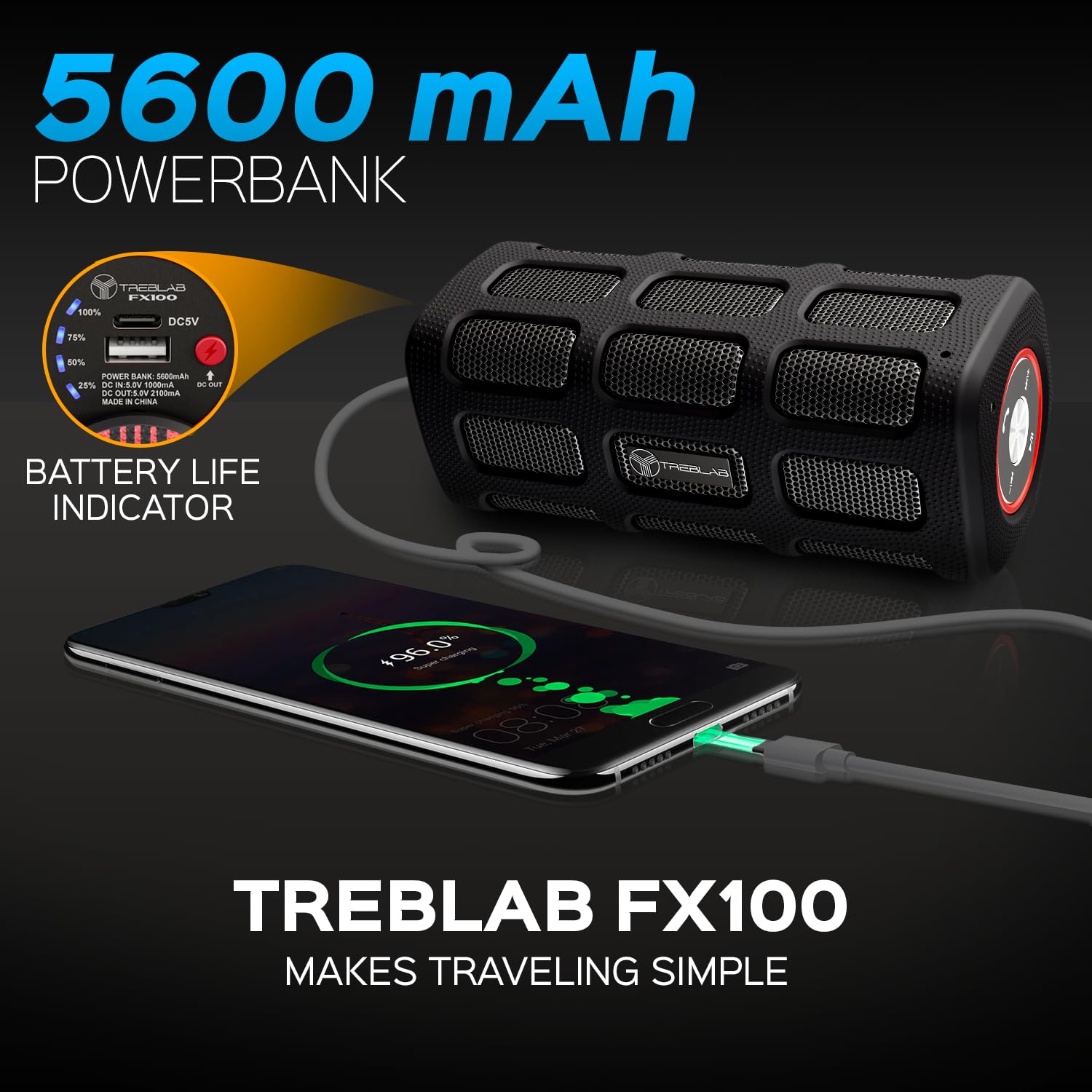 Treblab Fx100   Portable Bluetooth Speaker, 20W Rugged Outdoor Speaker, 35H Battery, Ipx7 Waterproof Speaker With Metal And Rubb