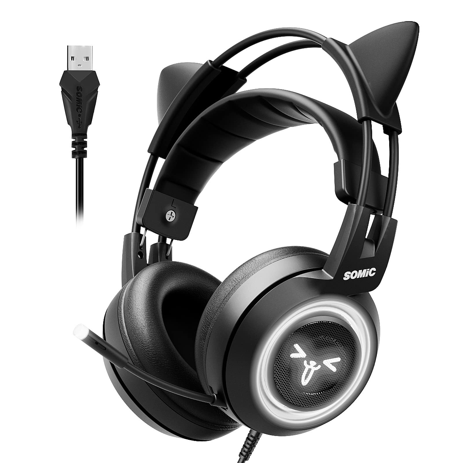 Somic G951Black Gaming Headset For Pc, Ps4, Laptop: 7.1 Virtual Surround Sound Detachable Cat Ear Headphones Led, Usb, Lightweig