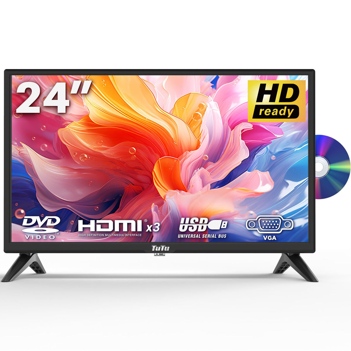 Tutu 24 Inch Tv With Dvd Player Built-In, 720P Hd Led Small Flat Screen Tv With 3 Hdmi, Usb, Optical Vga, Operate Simply Non-Sma