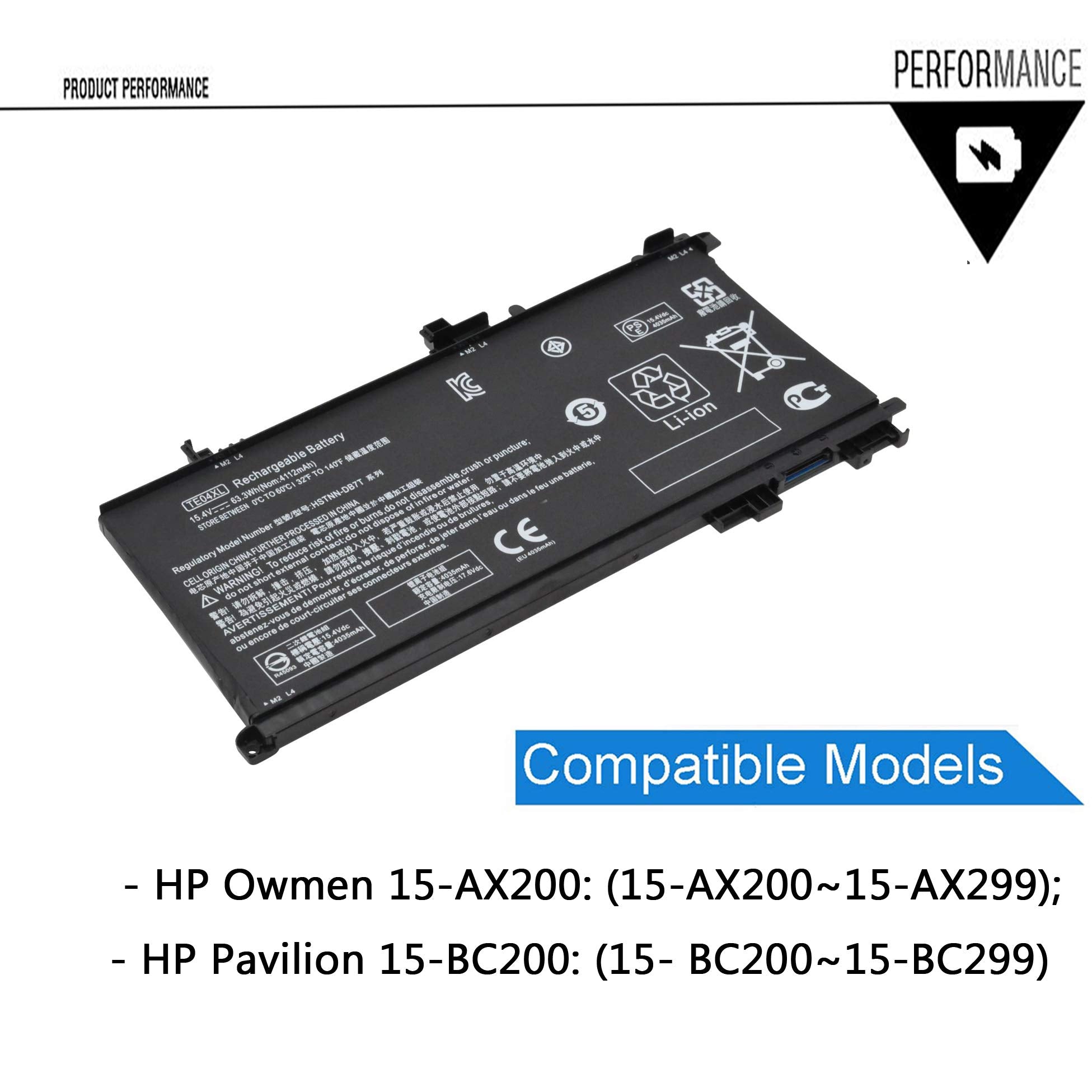Emaks TE04XL Laptop Battery for HP Omen 15-ax200 Pavilion 15-bc200 Series 15.4V 63.3Wh Black