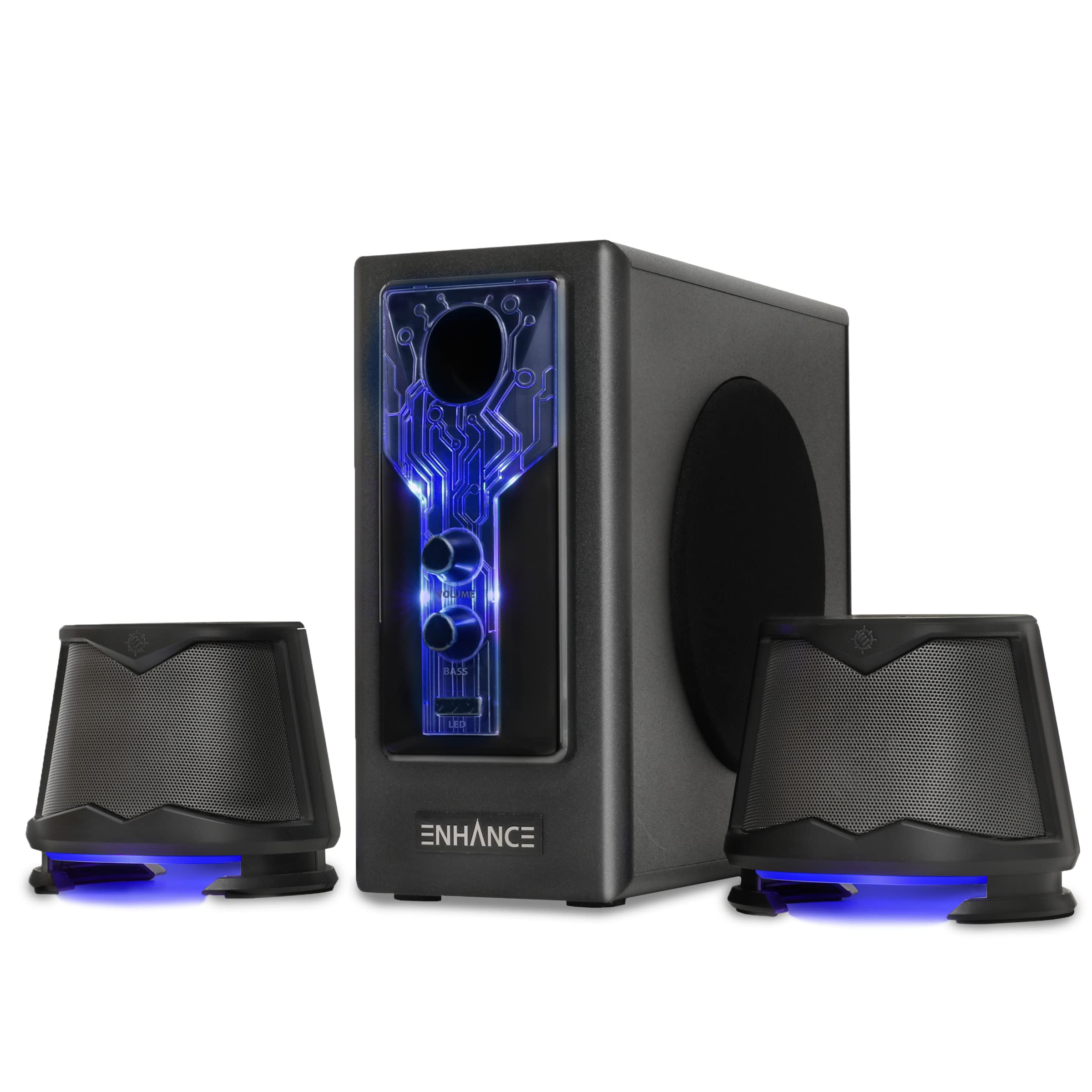 ENHANCE SB 2.1 Computer Speakers with Subwoofer - Red LED Gaming Speakers, Computer Subwoofer System, AC Powered & 3.5mm, Volume