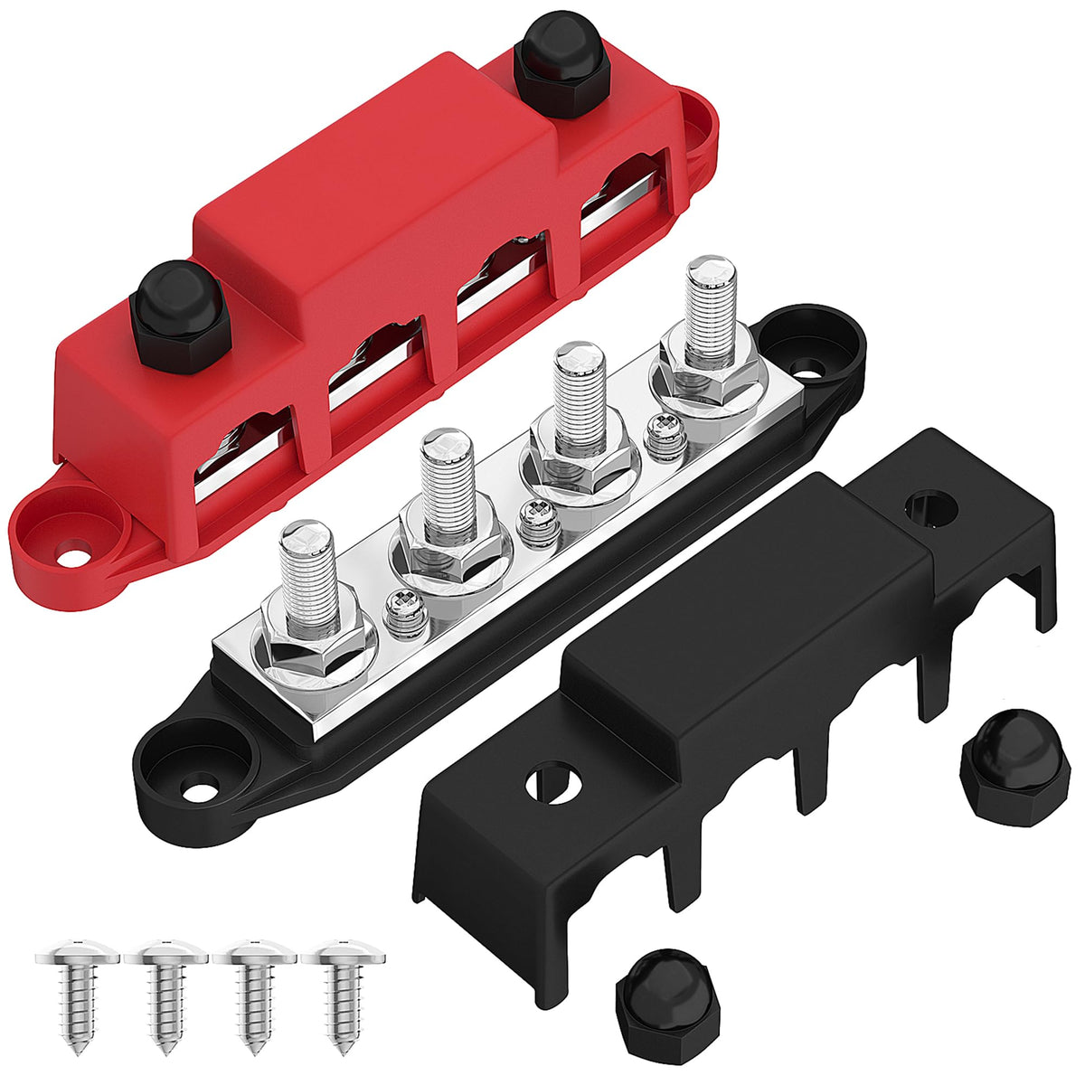 Joinfworld Bus Bar 12V 250A Power Distribution Block 4 X 3/8'' Studs 12 Volt Automotive Marine Battery Busbar Terminal Block Wit