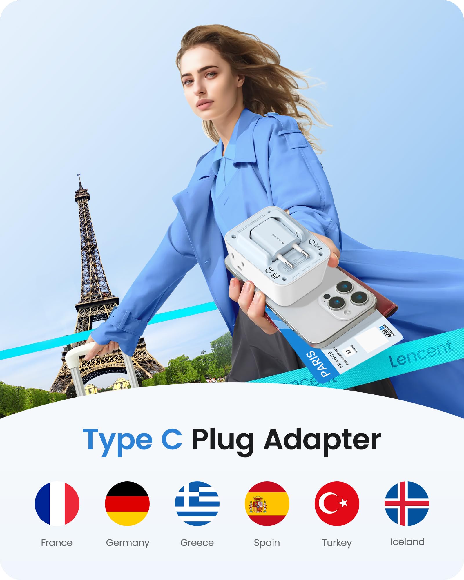 Lencent Foldable European Travel Plug Adapter, Pd 20W Type C Power Adaptor With 4 Outlet, Usb Fast Charger Adapter, Travel Essen