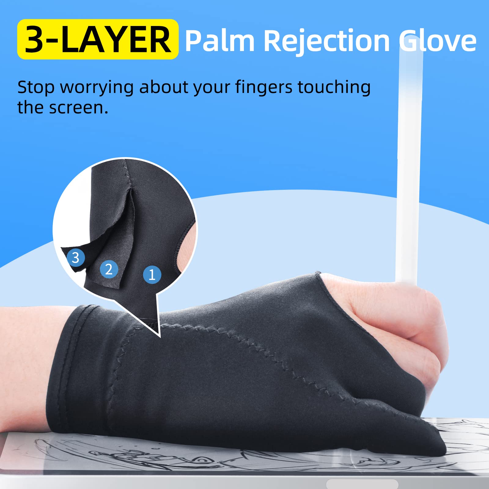[Palm Rejection] Artist Drawing Glove 4 Pack Ipad Gloves For Touch Screen Pc Graphics Tablet Left And Right Hand 3 Layers Paddin