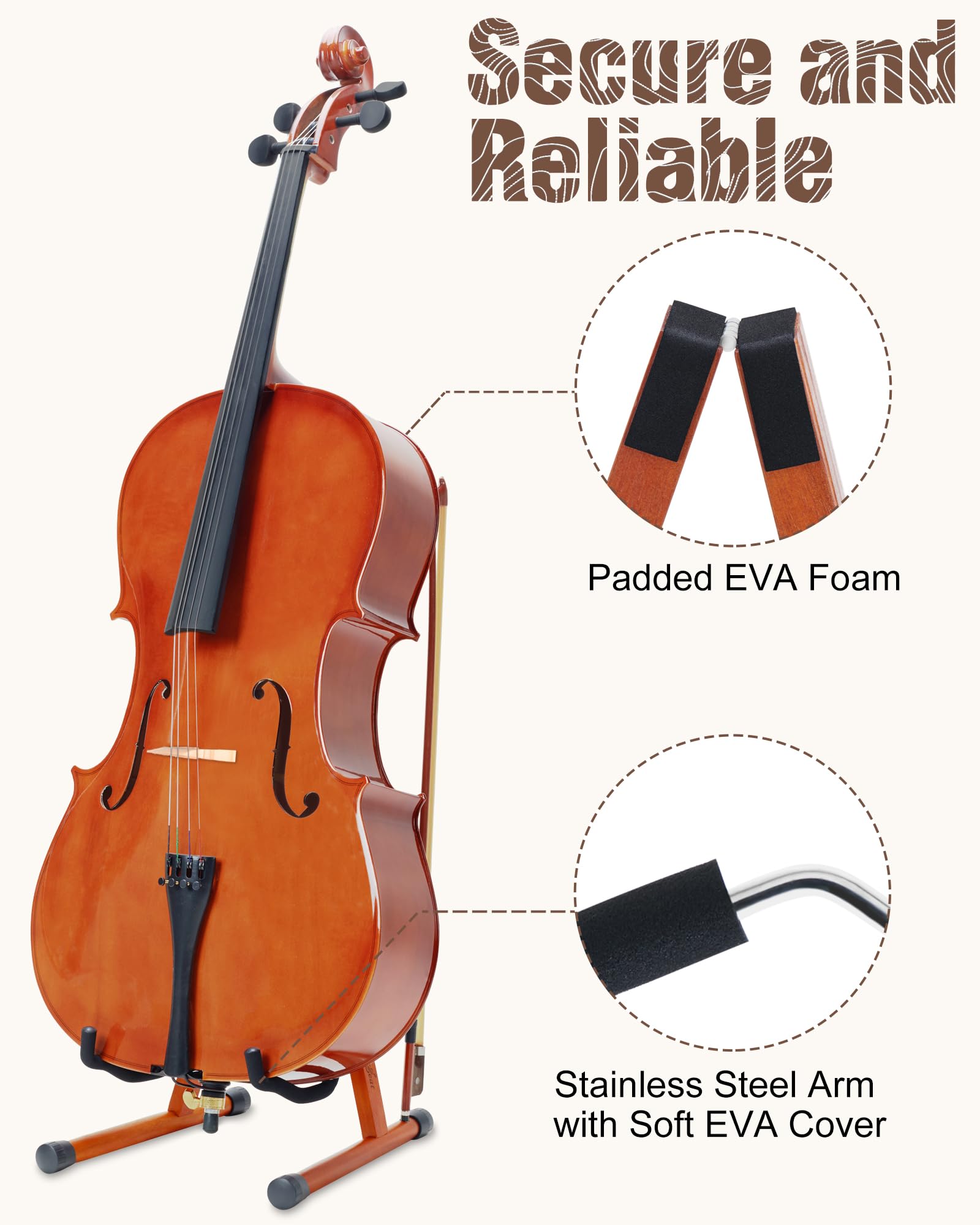 Musbeat Cello Stand, A Frame Cello Stand With Bow Holder For Cello Display, Handcrafted Wooden Cello Stand With Padded Foam, Mah