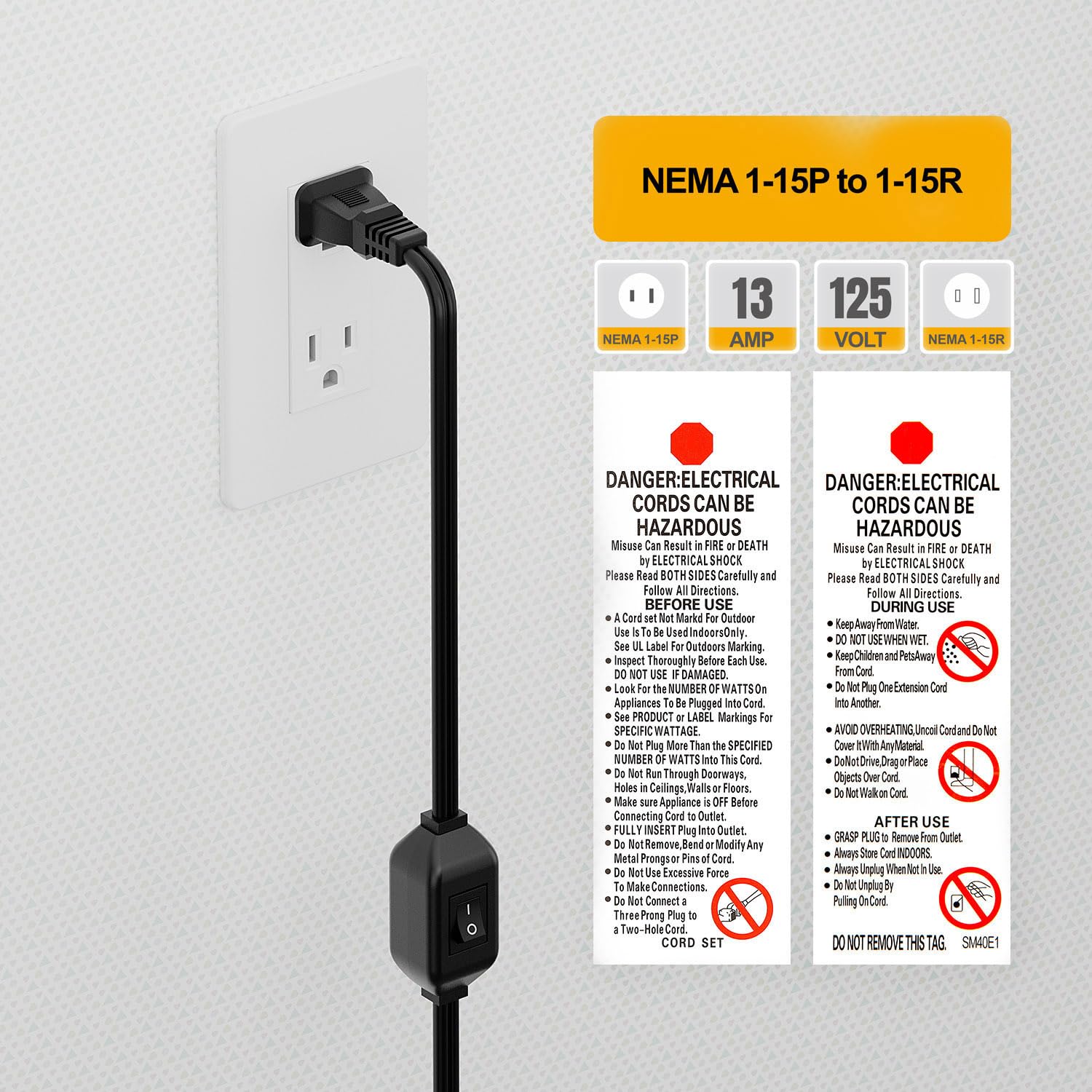 On Off Switch Extension Cord [2 Feet], 2 Prong Polarized Extension Cord With Switch 12A/125V For Your Chargers/Lamp/Power Adapte