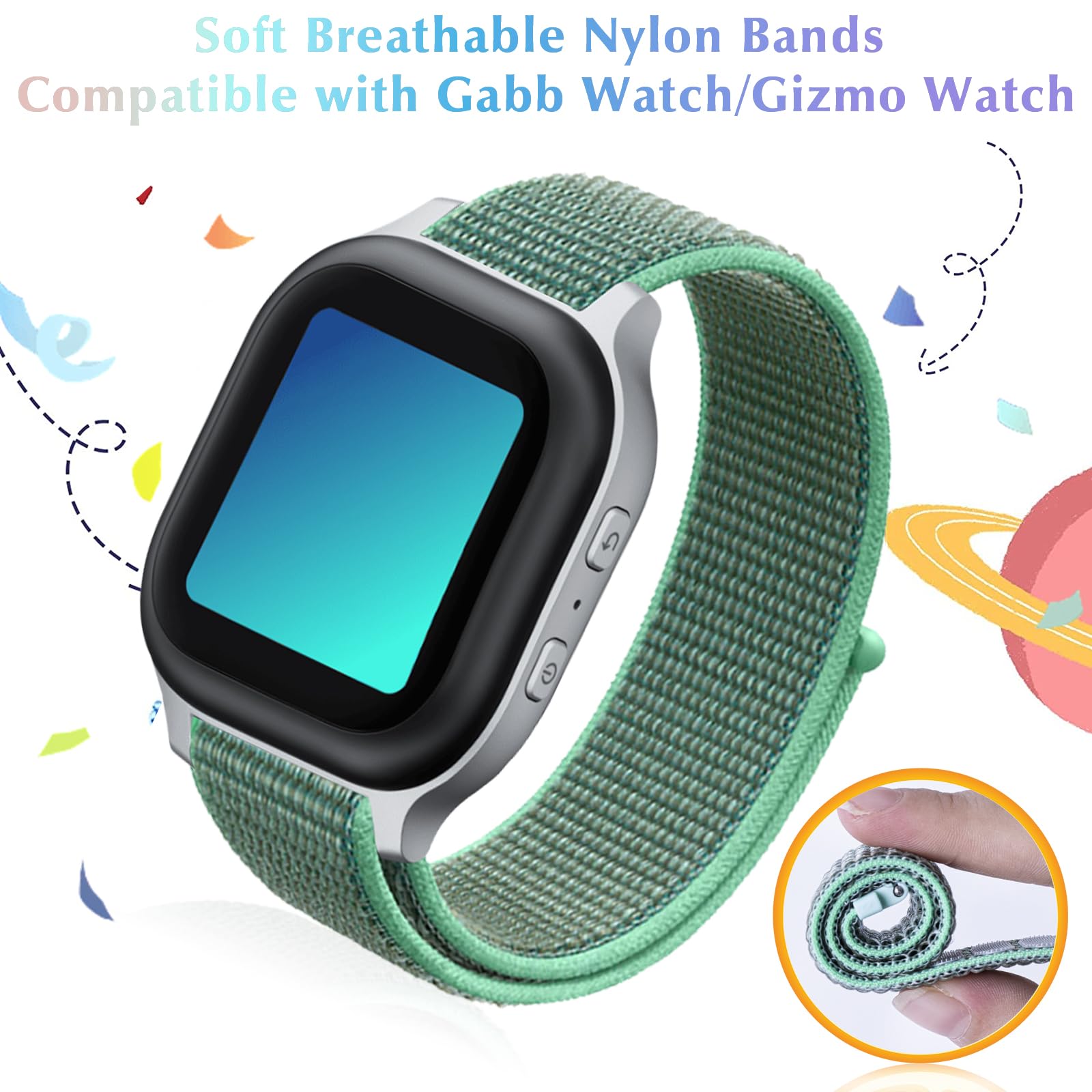 3 Pack Replacement Nylon Bands Compatible With Gabb Watch/Gizmo Watch 2 & 1, Hook & Loop Design Easy For Kids To Put On & Off, Breathable & Washable, Blue+Green+Lightgreen