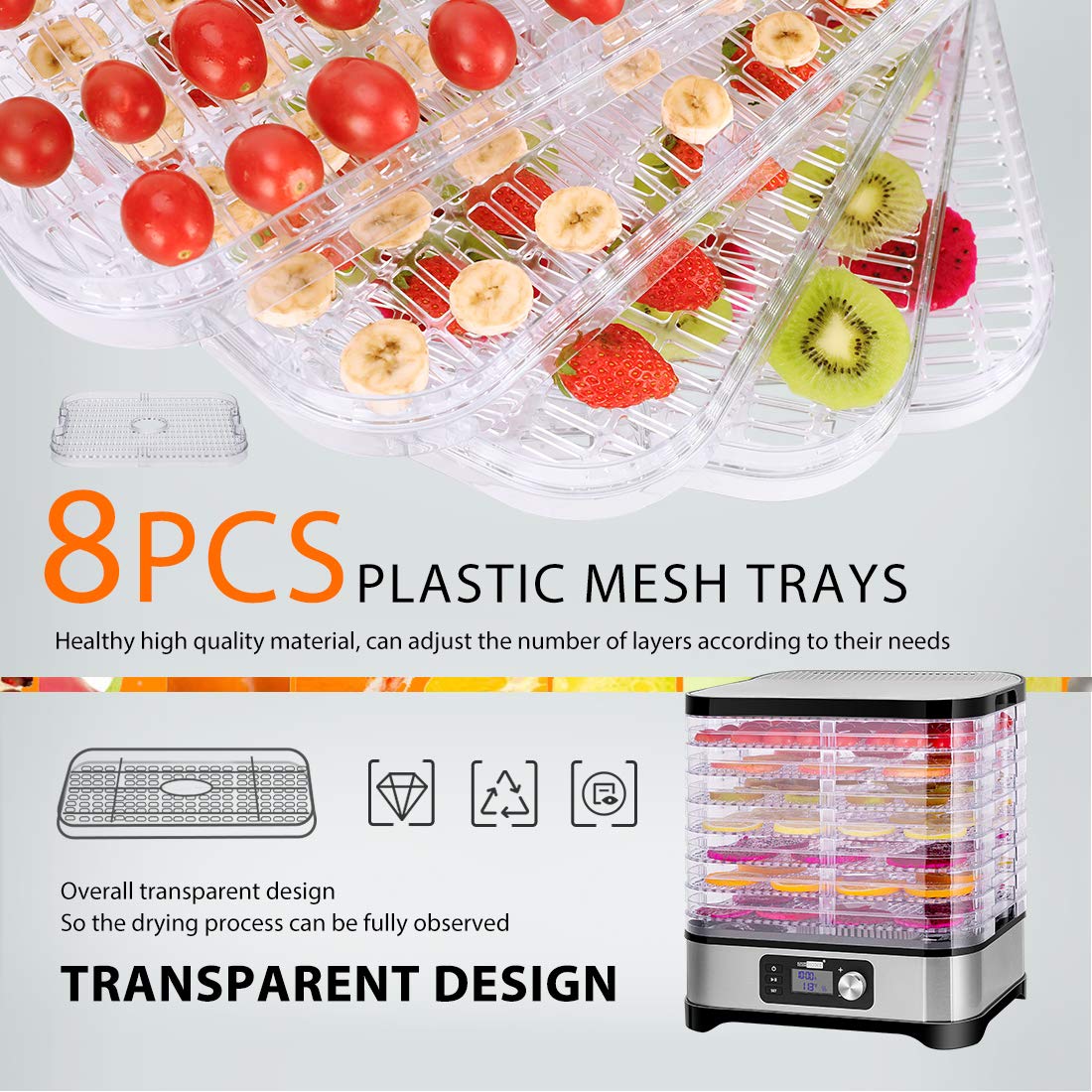 Vivohome Electric 400W 8 Trays Food Dehydrator Machine With 48H Timer And Temperature Control 95 176?, Bpa Free, Fine Meshed Plastic Sheet And Silicone Trivet Tong Included