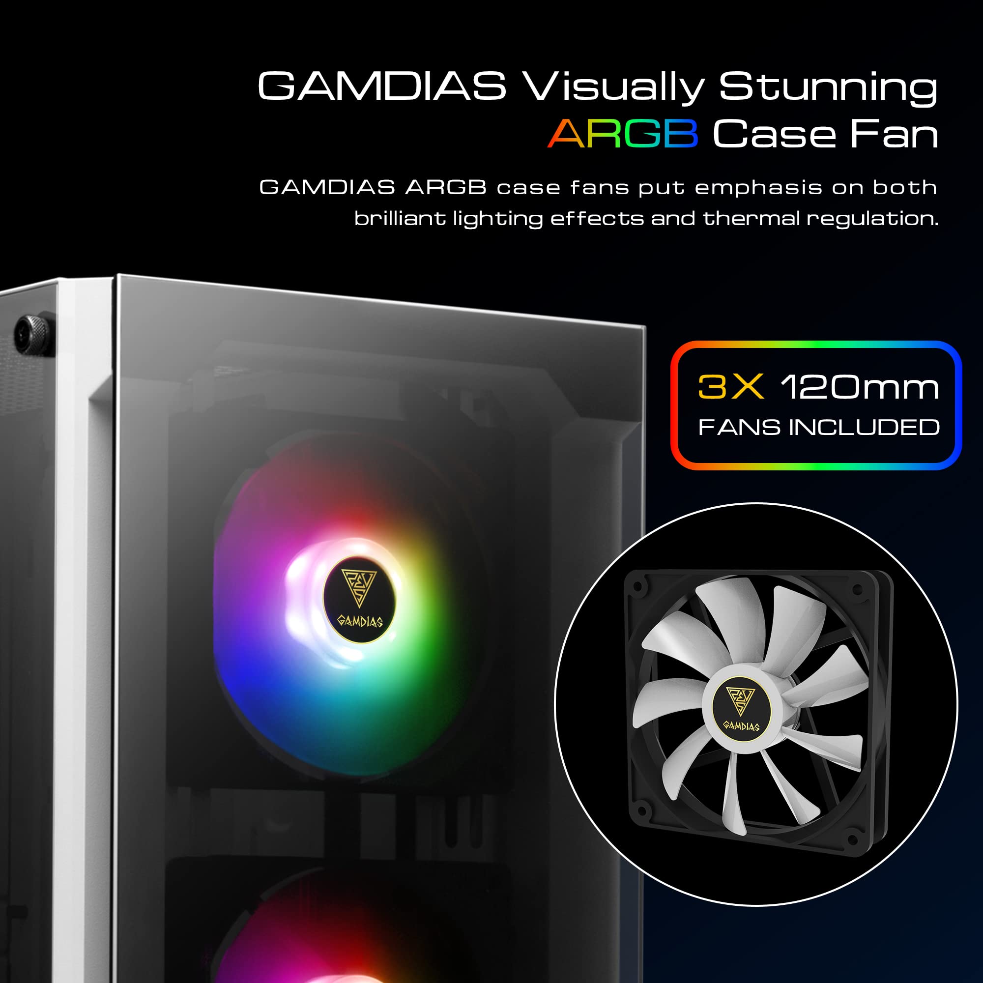 Gamdias White Rgb Gaming Atx Mid Tower Computer Pc Case With Side Tempered Glass Panel And A Magnetic Dust Filter & 3 Built In 1