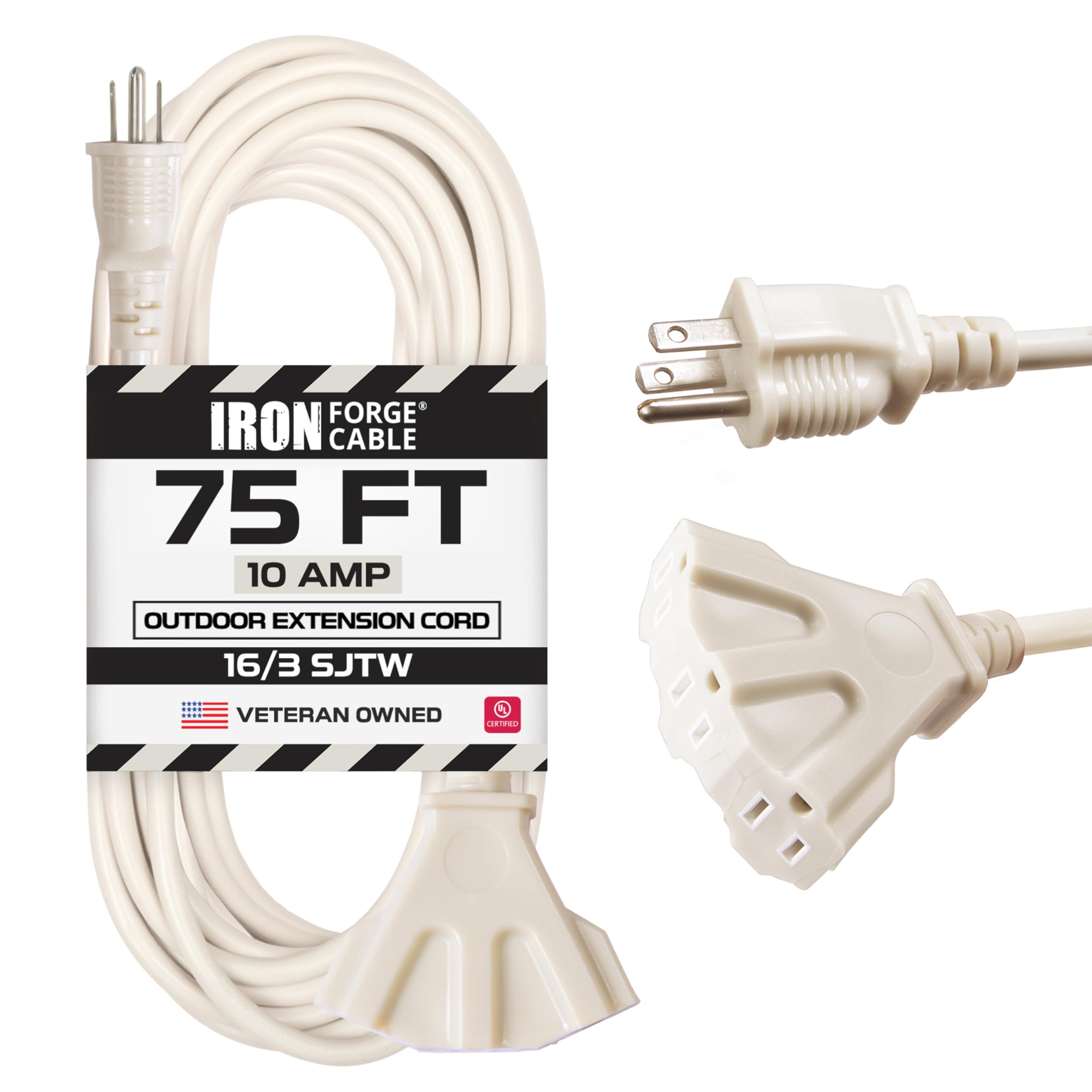 Iron Forge Cable 75 Ft Beige Outdoor Extension Cord With 3 Outlets   16/3 Sjtw 75Ft Extension Cord 3 Prong, 10 Amp All Weather H