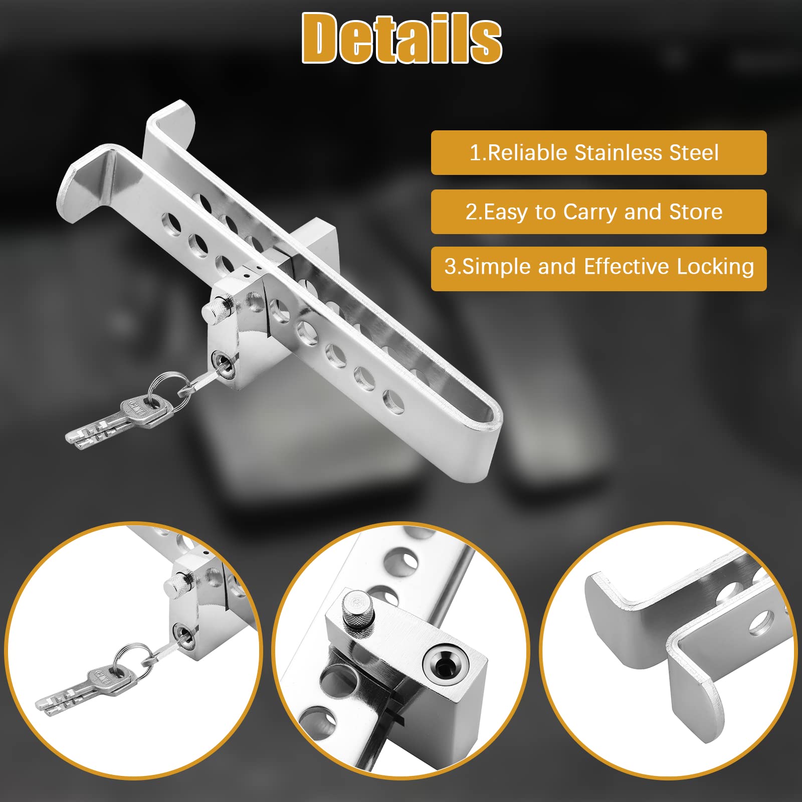 Flk Tech Anti Theft Brake Clutch Lock, Stainless Steel Clutch Lock Accelerator Lock, 9 Hole Adjustable Brake Pedal Lock With 3 K