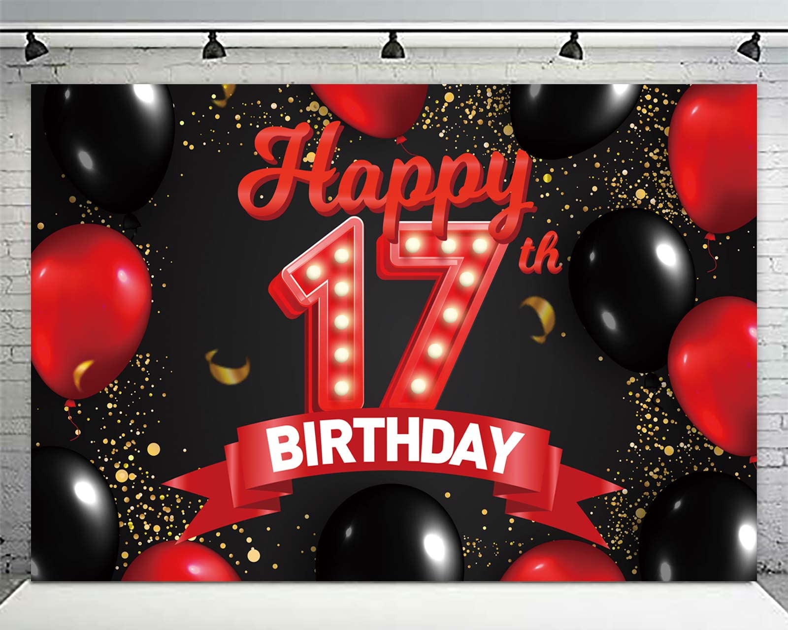 Happy 17Th Birthday Red And Black Banner Backdrop Decorations Balloons Theme Decor For Girls Women Princess 17 Years Old Birthda