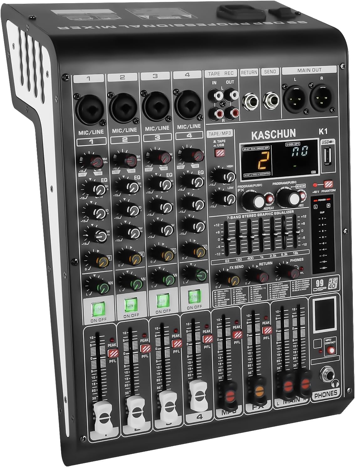 6 Channel Audio Mixer Sound Board Mixing Console with 99 DSP Effects,250W Power amplifier, 48V Phantom Power & Bluetooth, DJ Mix