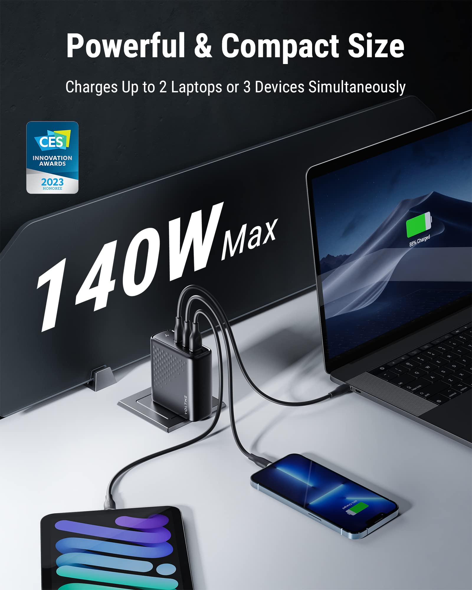 Voltme 140W Usb C Charger, Pd3.1 Pps Gan Charger, 3 Port Fast Laptop Wall Charger Power Adapter Compatible With Macbook Pro/Air,