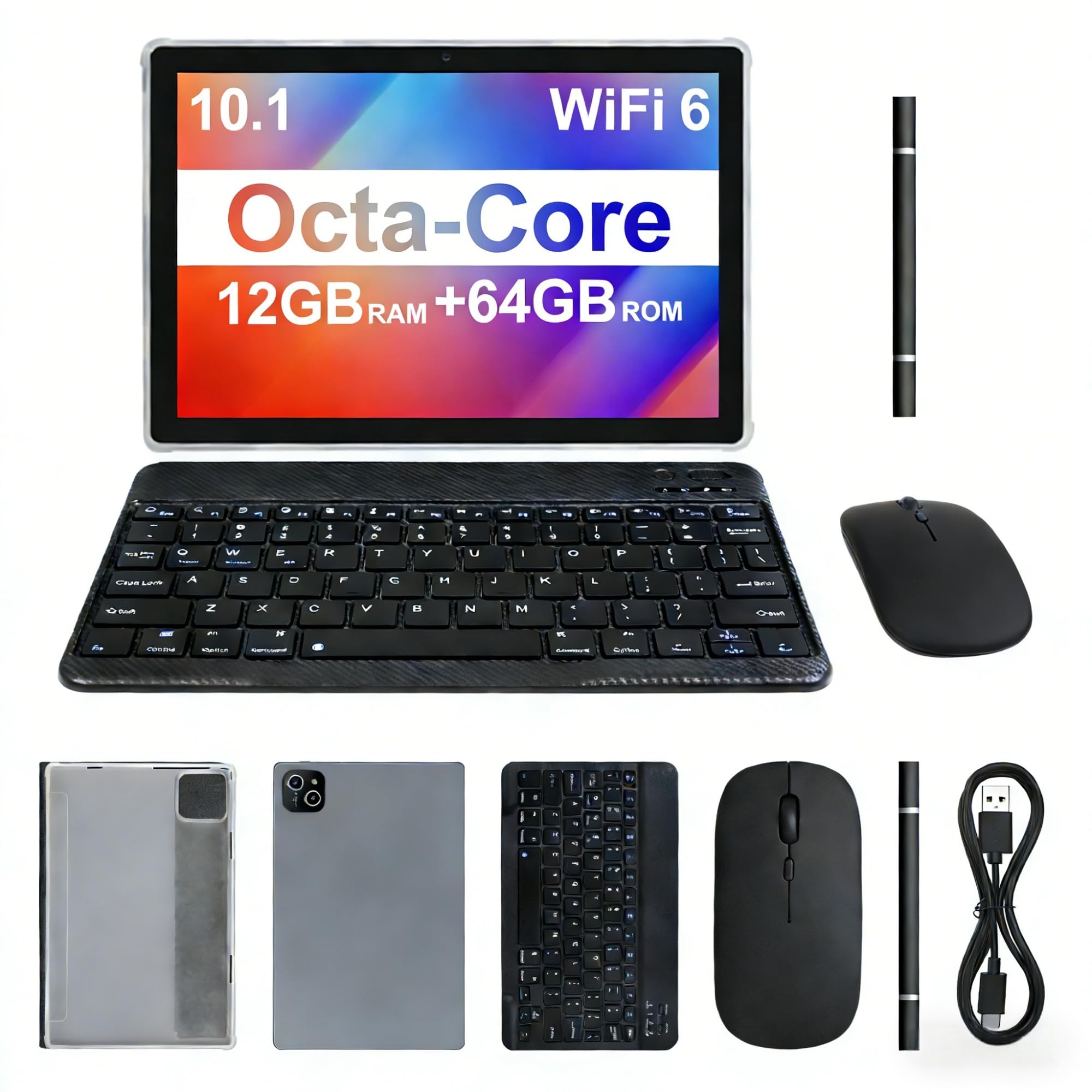 ATMPC 2026 Latest Tablet, 12GB RAM 64GB ROM, Octa-Core Processor 10.1 HD IPS Touchscreen Android Tablets, 2 in 1 Tablet with Key