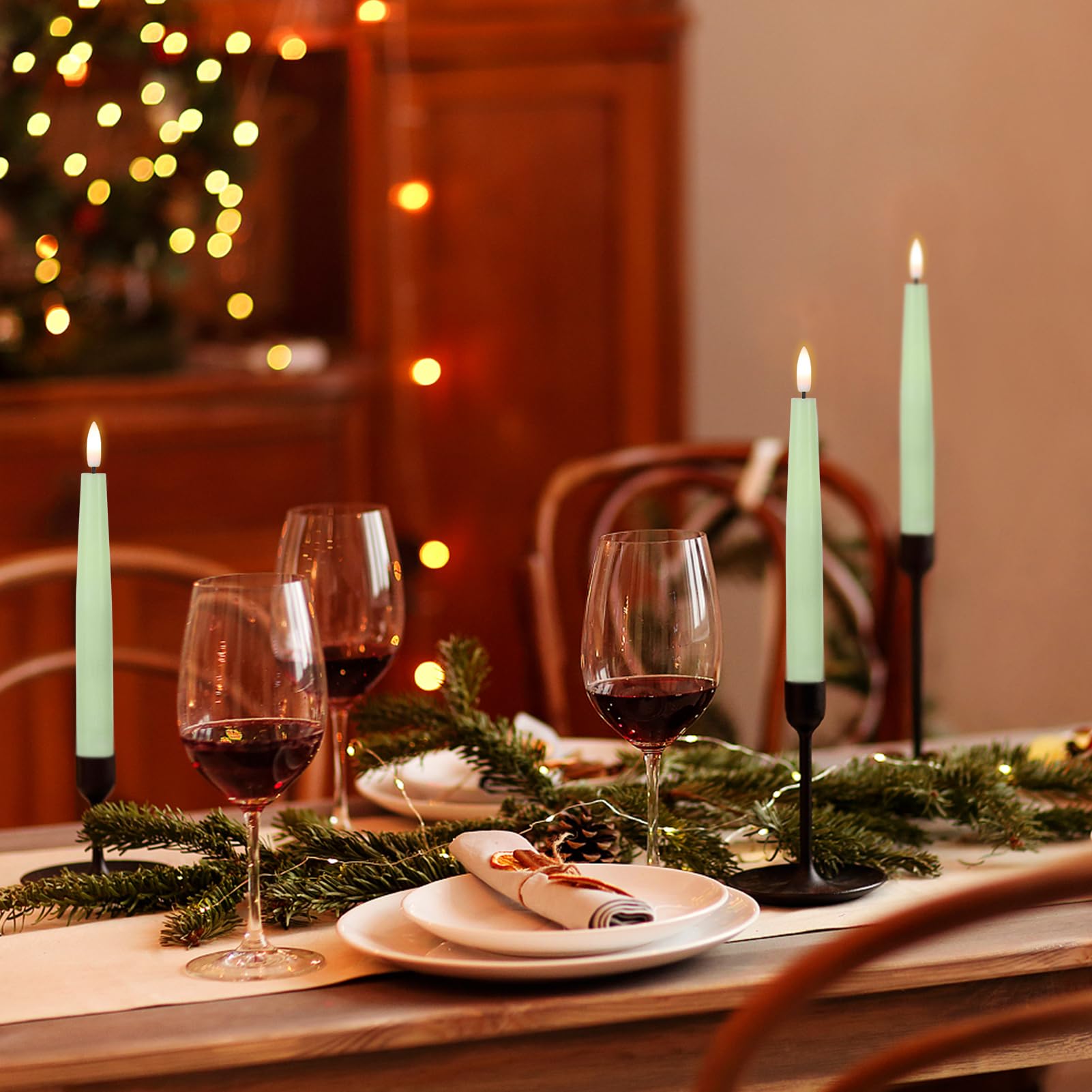 Dromance Short Flameless Taper Candles With Remote And Timer Battery Operated 6 Pack Green Led Taper Candles Real Wax 3D Wick Fl