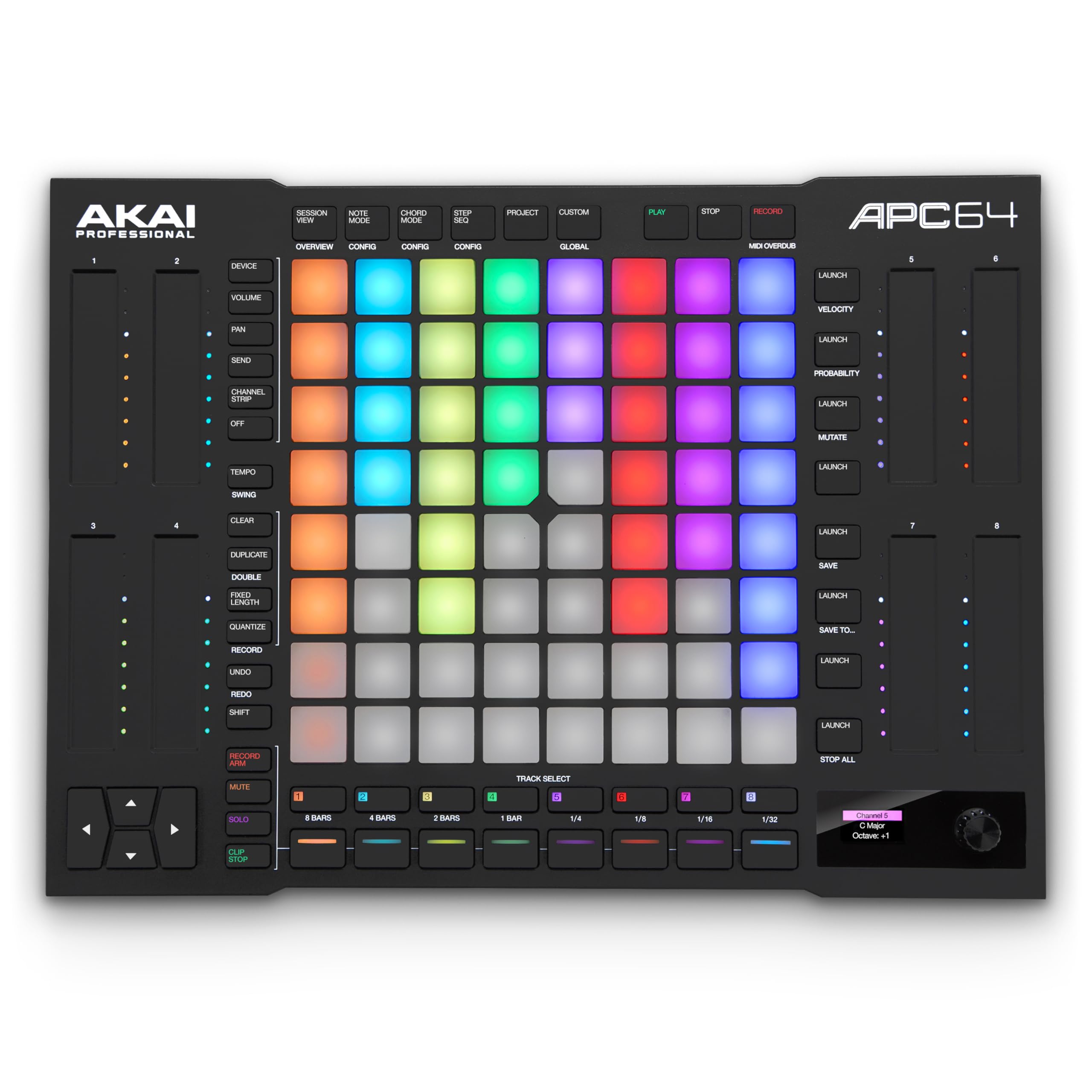 Akai Professional Apc64 Ableton Midi Controller With 8 Touch Strips, Step Sequencer, 64 Rgb Velocity Sensitive Pads, Cv Gates, Midi In & Out, Usb C