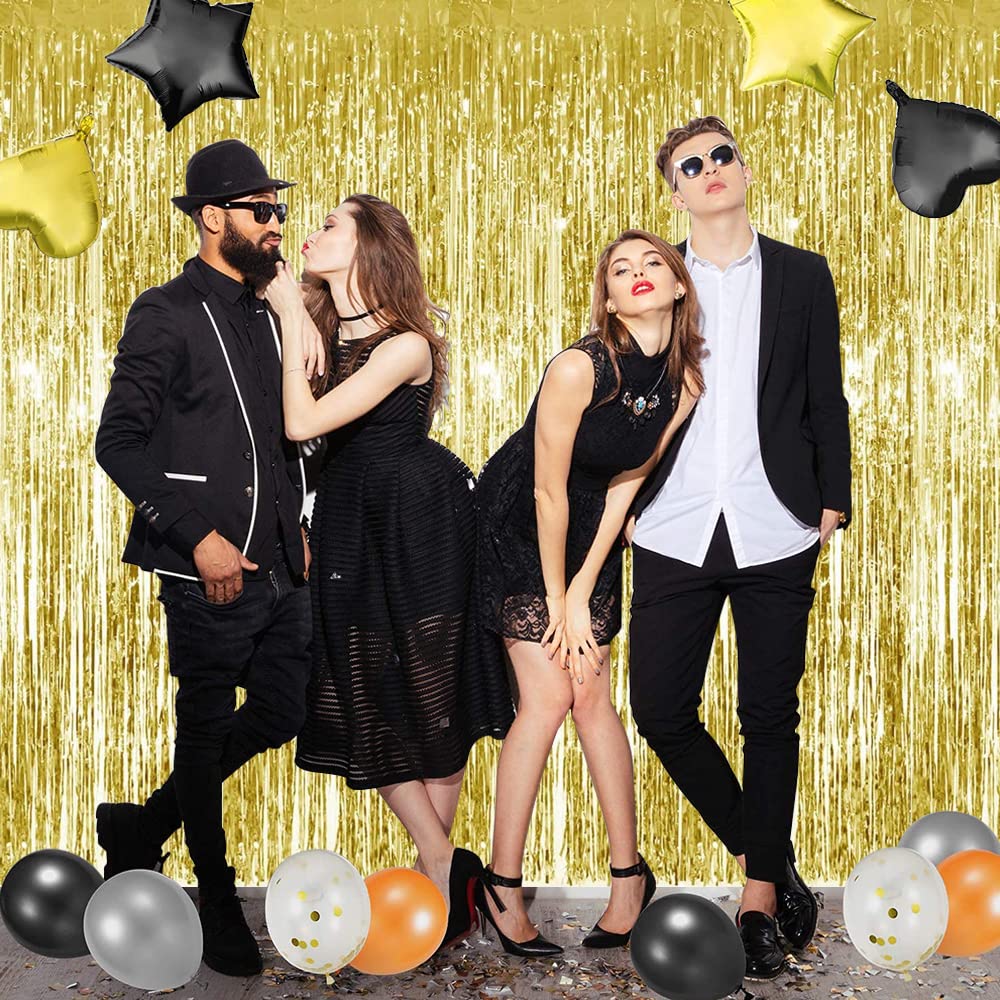 Toniful 3Pcs Gold Door Streamers,Gold Photo Booth Backdrop Metallic Streamers Gold Foil Fringe Curtains For Birthday,Christmas,N