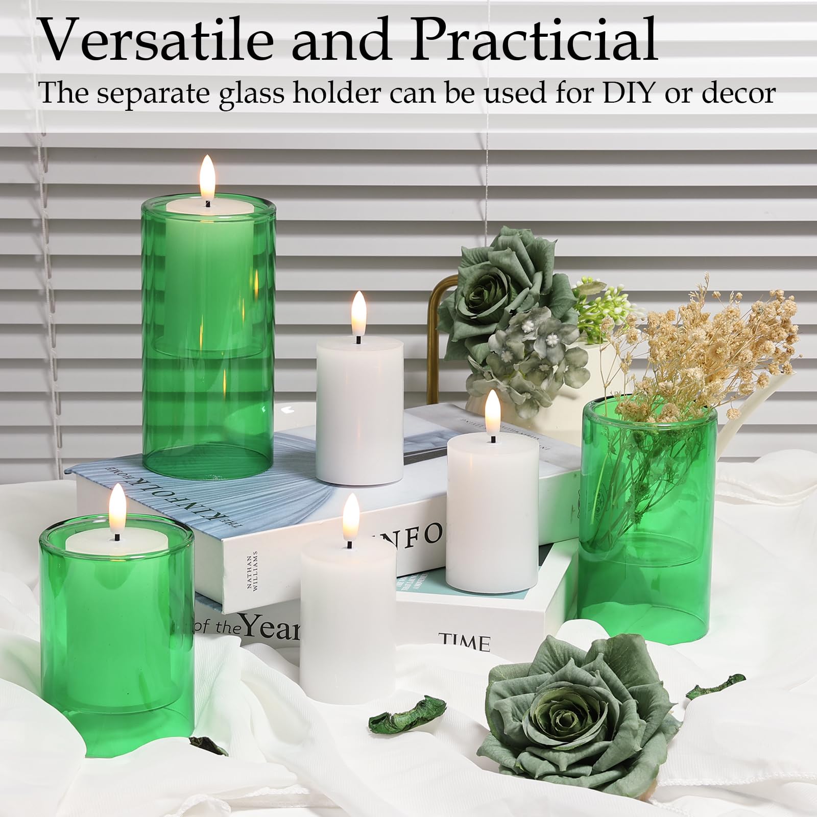 Nurada Flameless Candles With Remote Timer   Glass Holder Real Wax 3D Wick Led Pillar Votive Candle Set Battery Operated Flicker