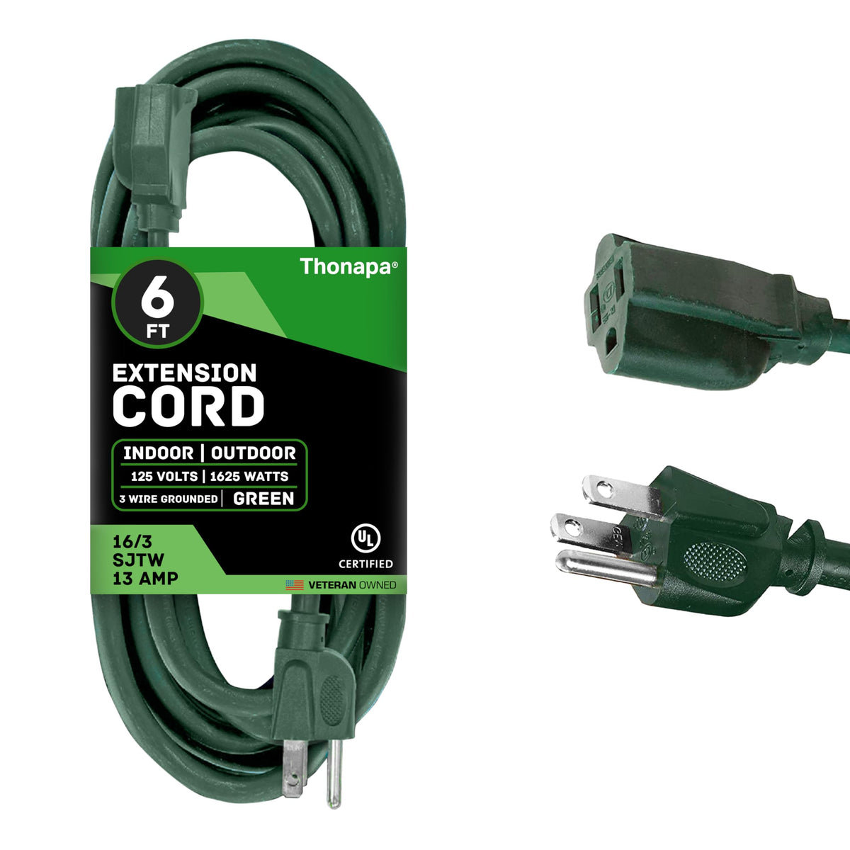Thonapa Weatherproof Green Extension Cord 20 Ft 3 Prong, 16/3 Sjtw Water Resistant Outdoor Extension Cord 20 Foot 13 Amp, Electr