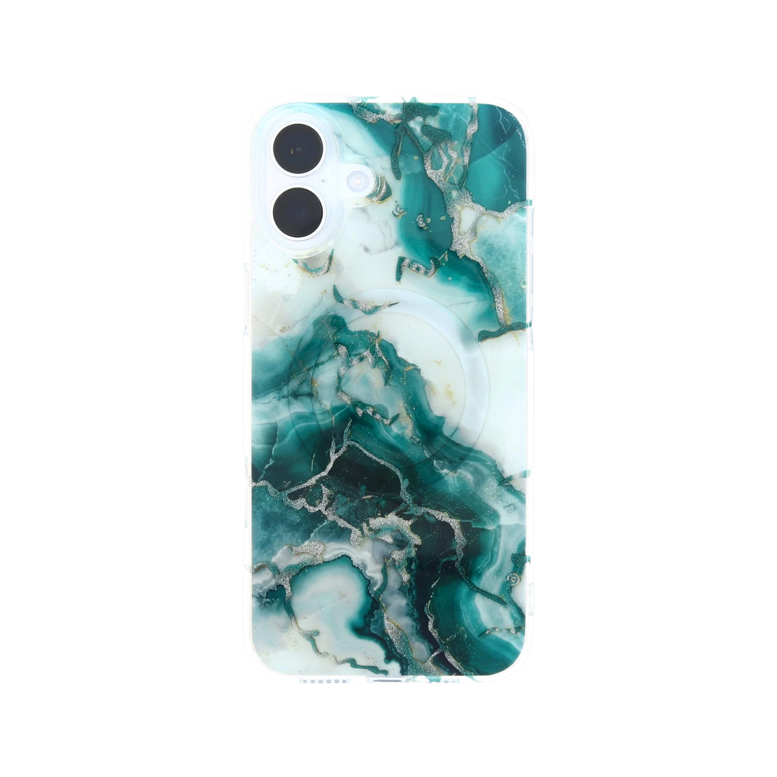 Katti Case Premium Marble Pattern Case for The iPhone 16 Plus - Deep Green and White Design with Silver and Gold Leaf Accents, I