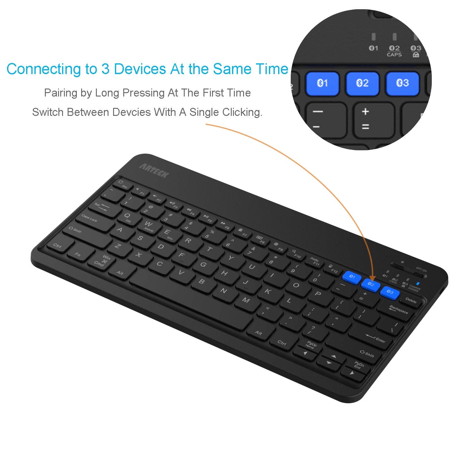 Arteck Hb220B Universal Backlit 7-Colors & Adjustable Brightness Multi-Device Slim Portable Wireless Bluetooth 3.0 Keyboard For