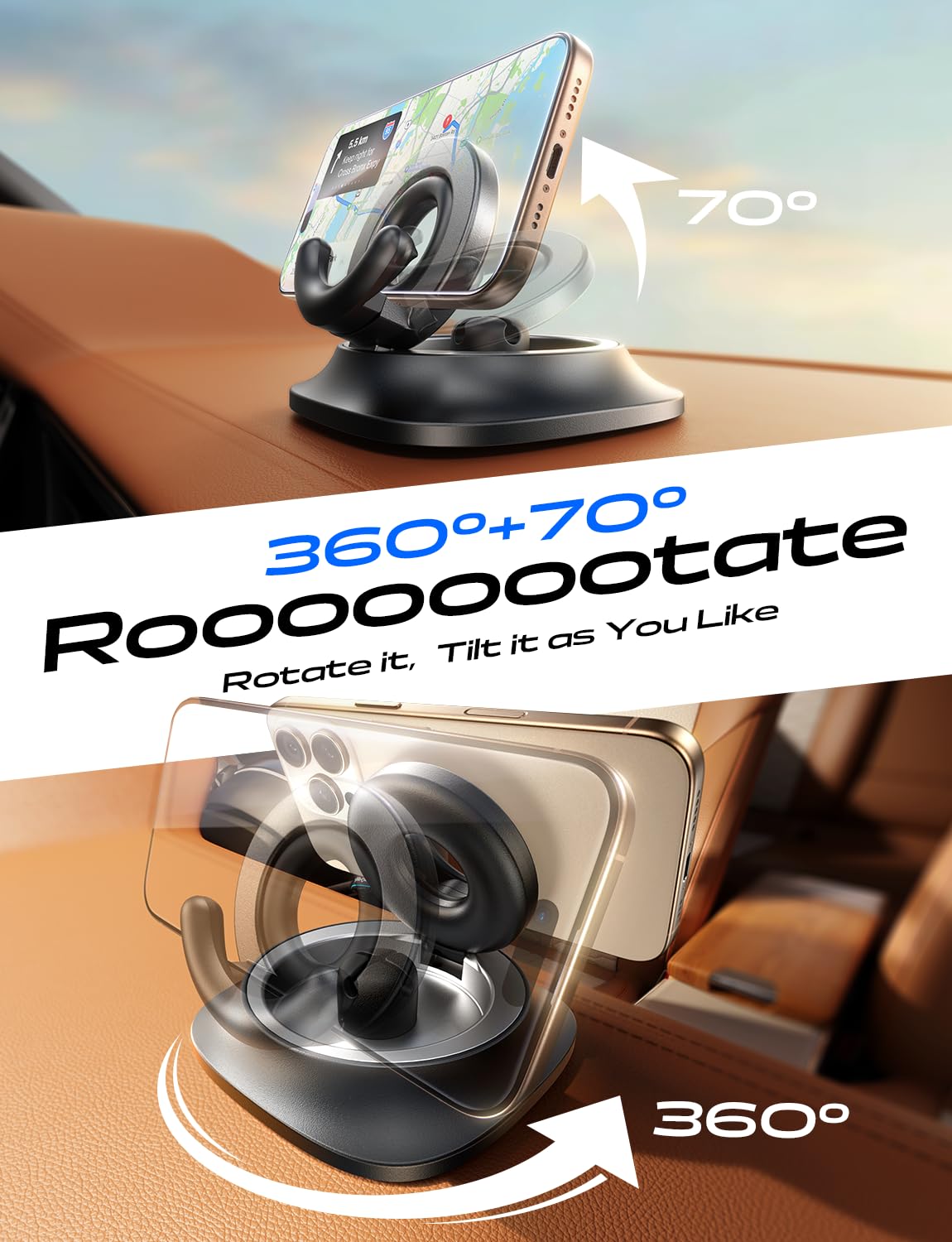 Lisen Dashboard Cell Phone Holder For Car [360+70Rotate Base] Dash Phone Mount Holder For Car Phone Holder Mount Stand Non Slip