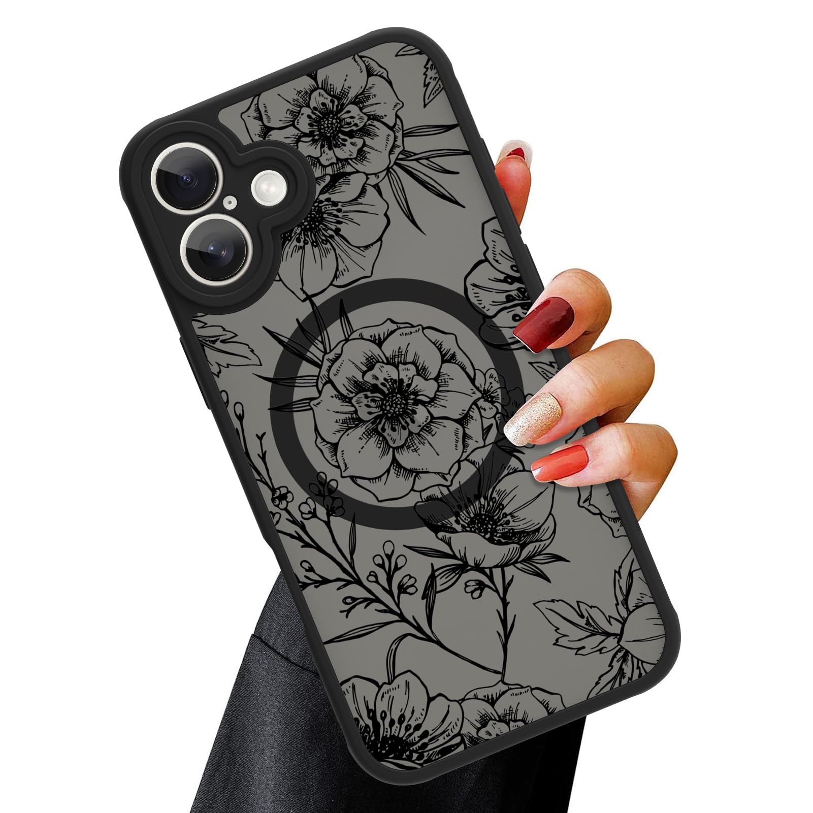 Ook Magnetic For Iphone 16 Case [Compatible With Magsafe] Black Peony Flower Slim Translucent Matte Case For Iphone 16 Case Came